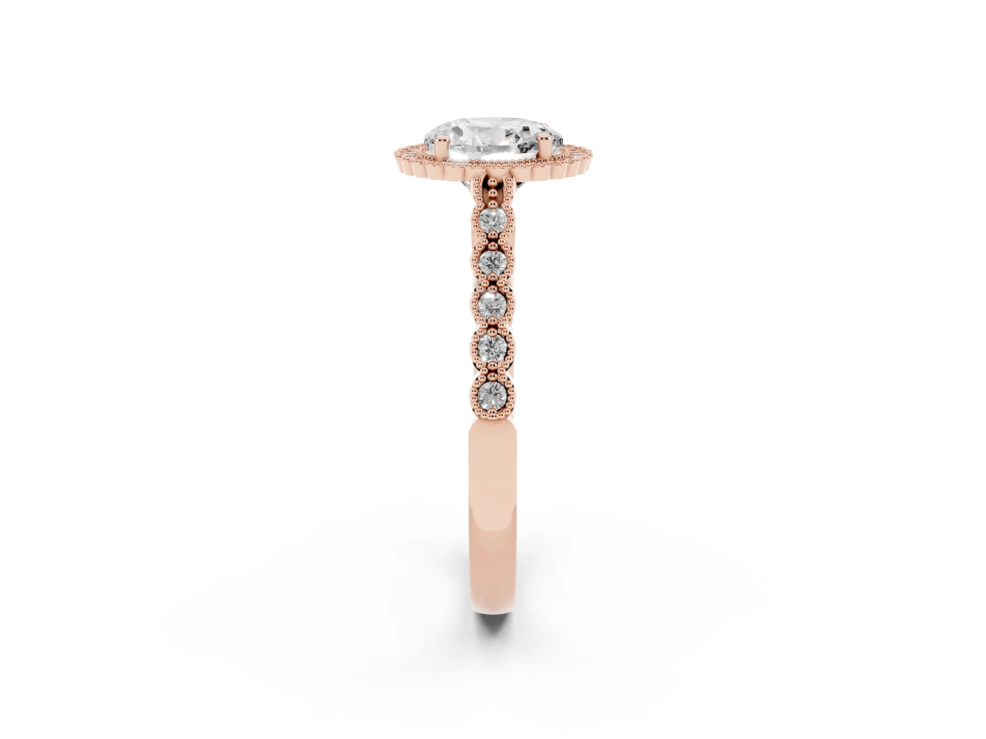 Round Cut Diamond Halo Ring Set in Rose gold with Pavé Milgrain Band