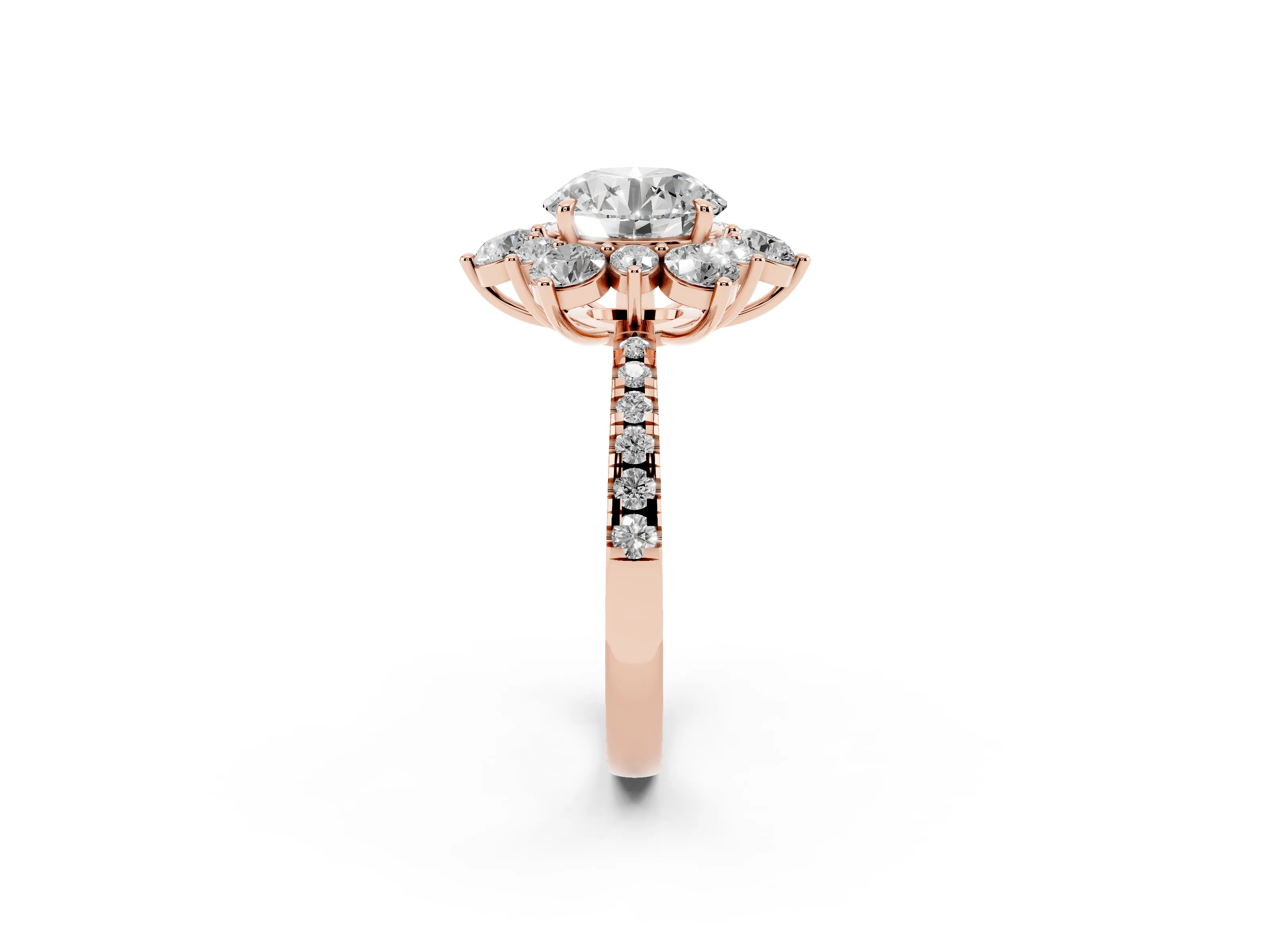 Round Cut Diamond Floral Halo Ring Set in Rose gold with Round Pavé Band and Prong Setting