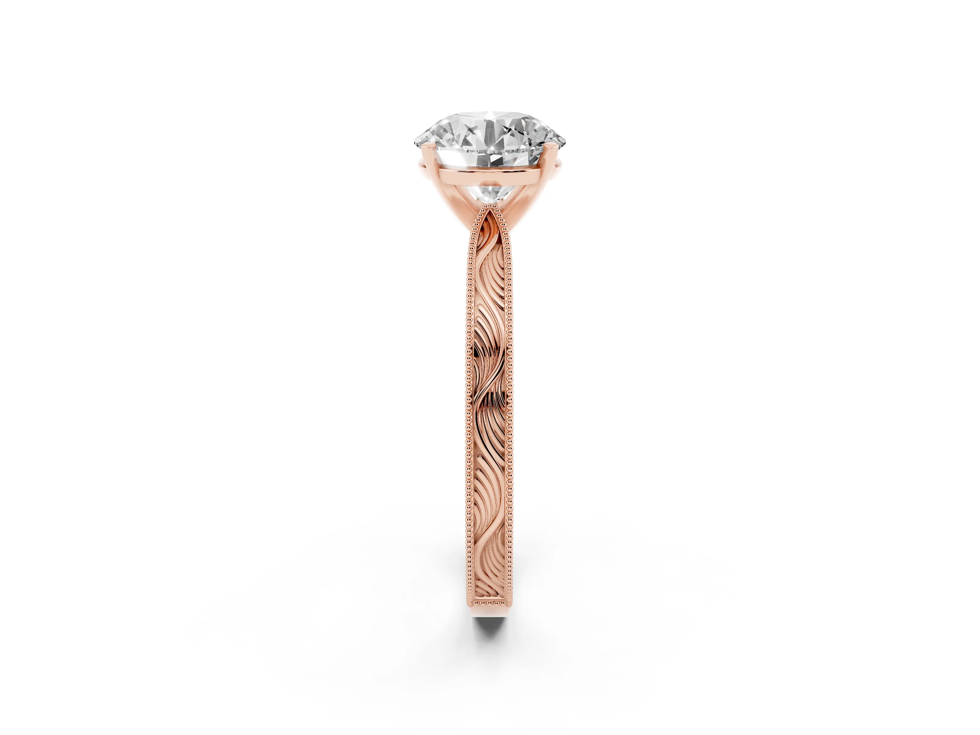 Round Cut Diamond Solitaire Milgrain Engraved Band Set in Rose gold with Prong Setting