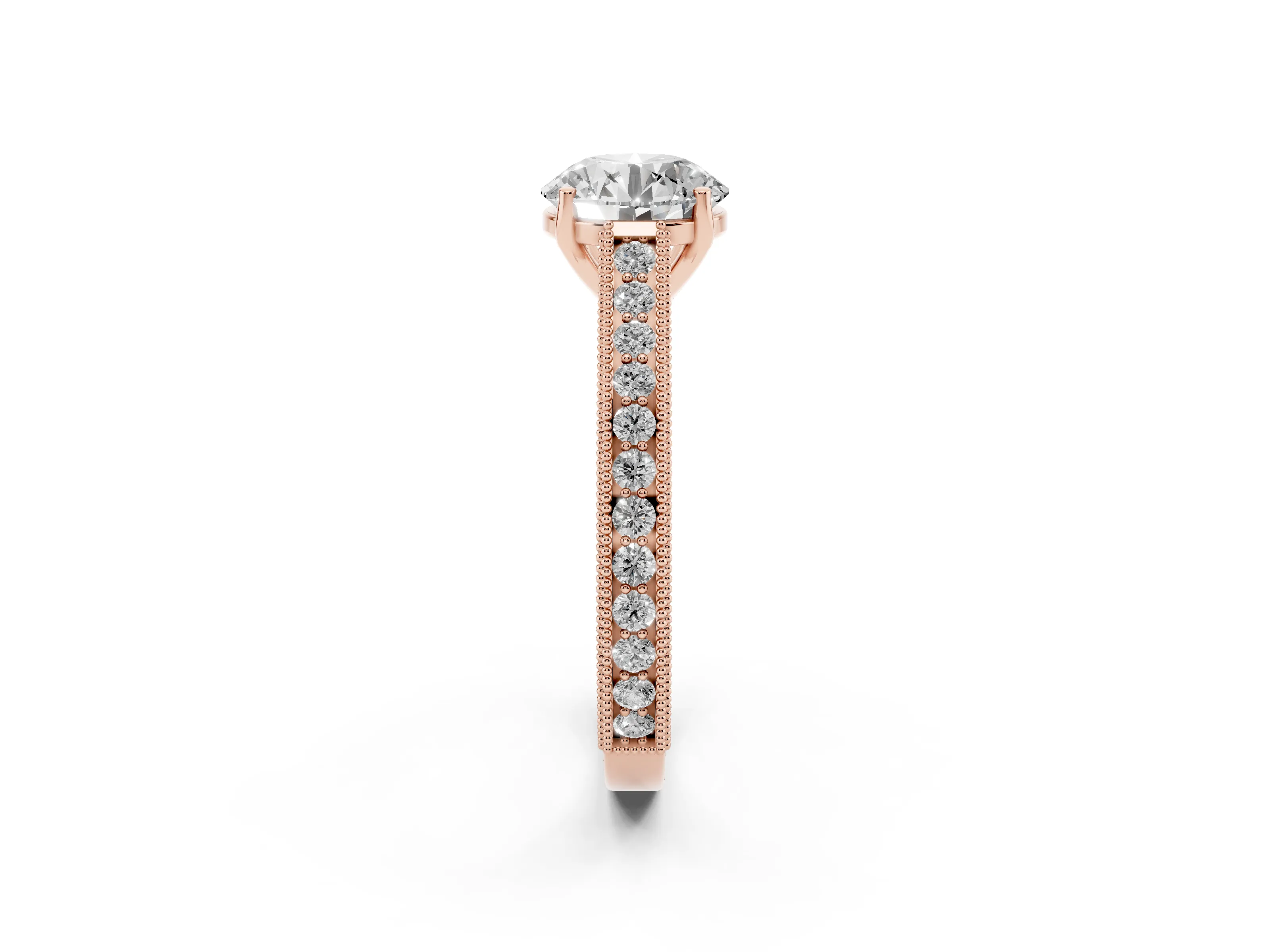 Round Cut Diamond Milgrain Pavé Band Solitaire Ring Set in Rose gold with Prong Setting