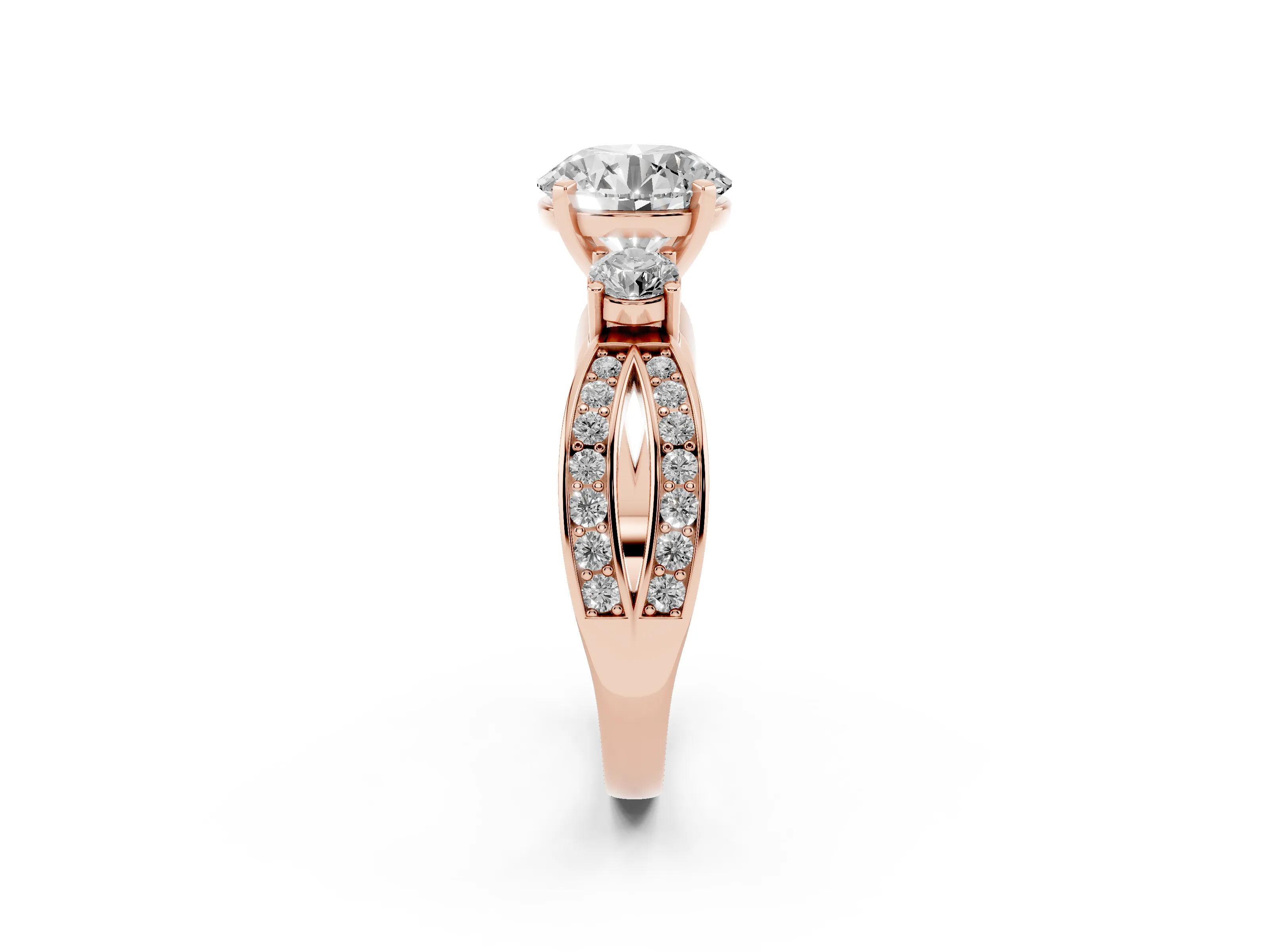 Three-Stone Round Cut Diamond Twist Band Ring Set in Rose gold with Pavé Accents and Prong Setting