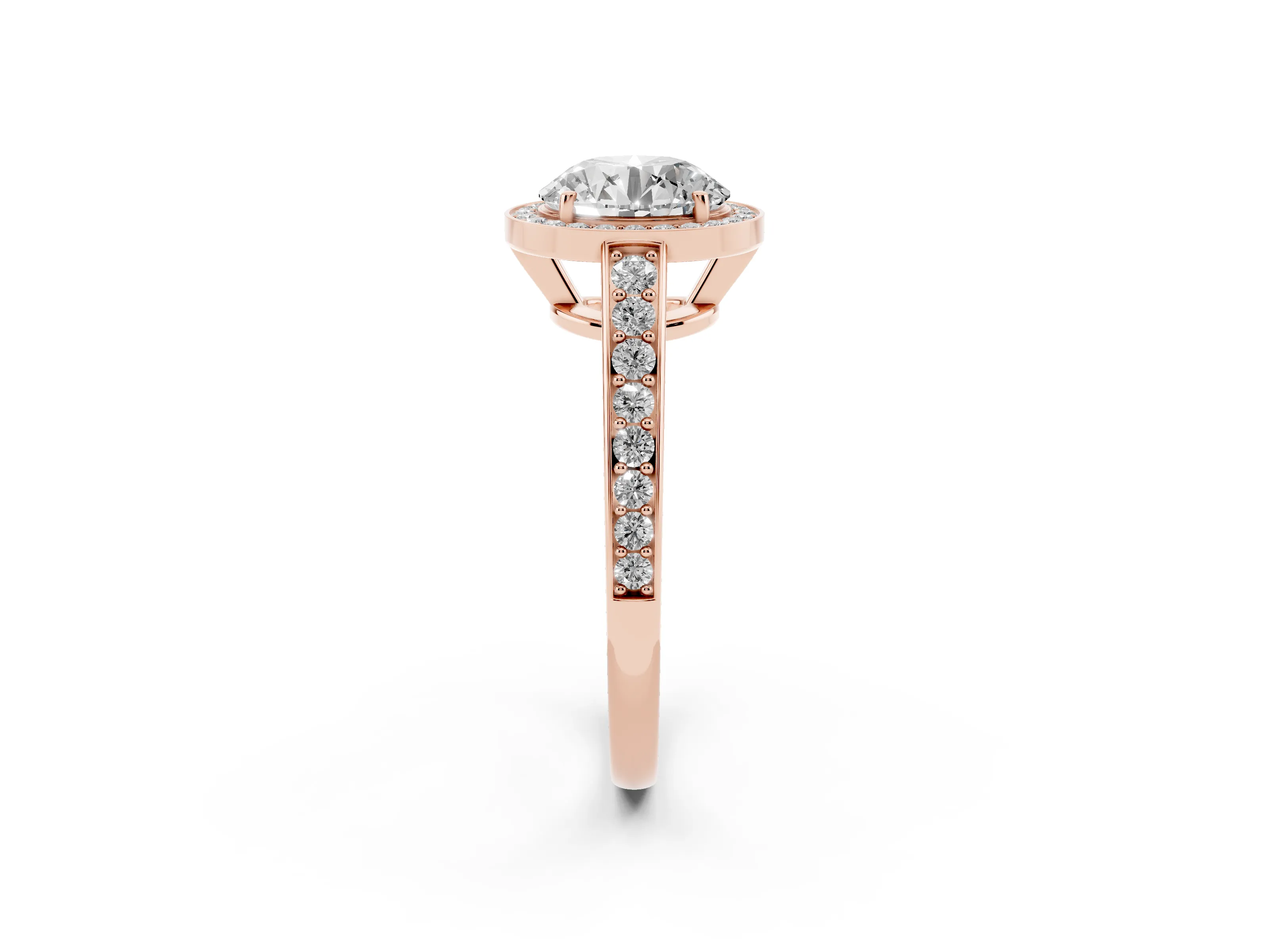 Round Cut Diamond Halo Pavé Engagement Ring Set in Rose gold with Bezel Setting