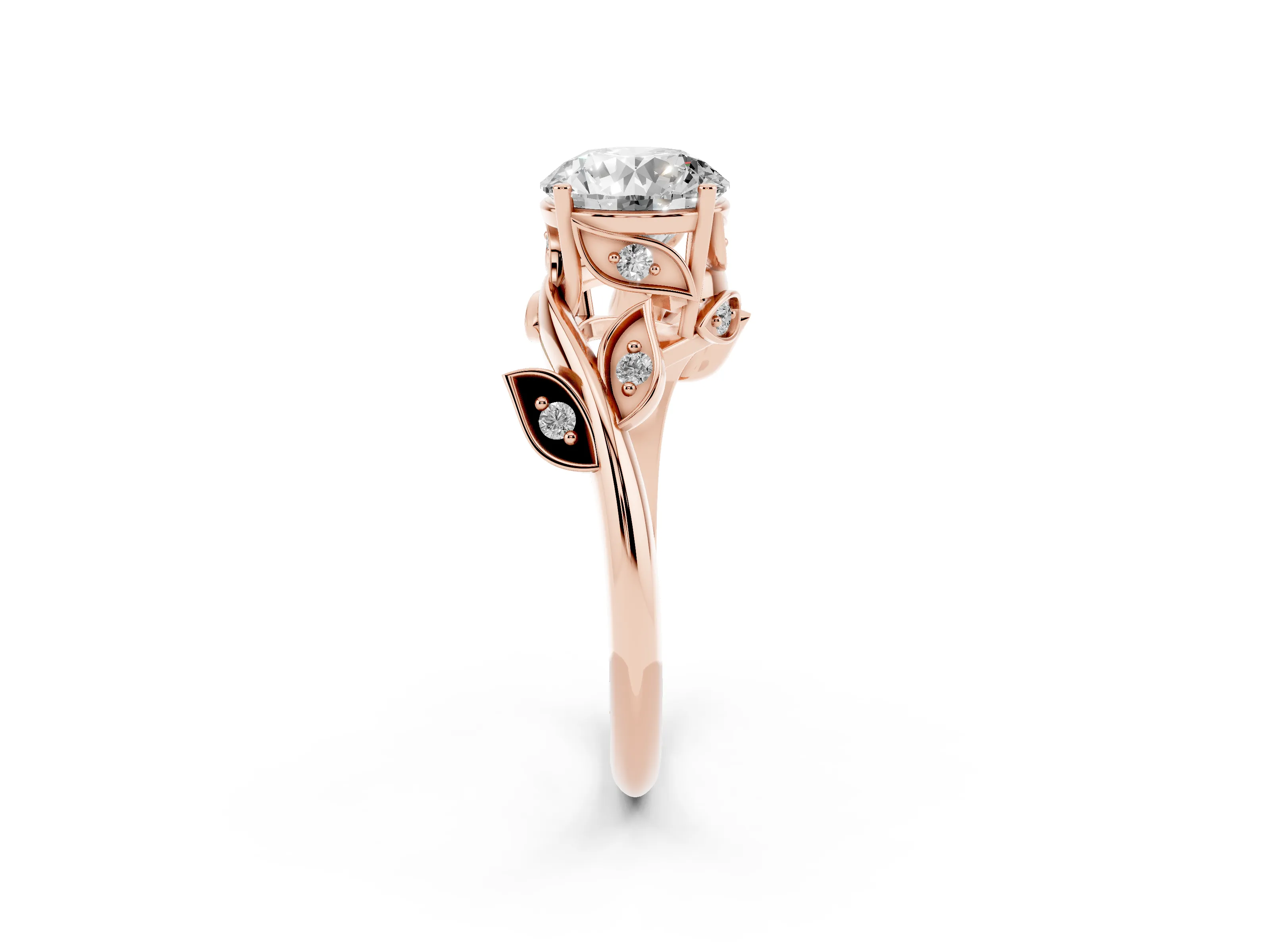 Round Cut Diamond Solitaire Twist Engagement Ring Set in Rose gold with Pavé Leaf Accents