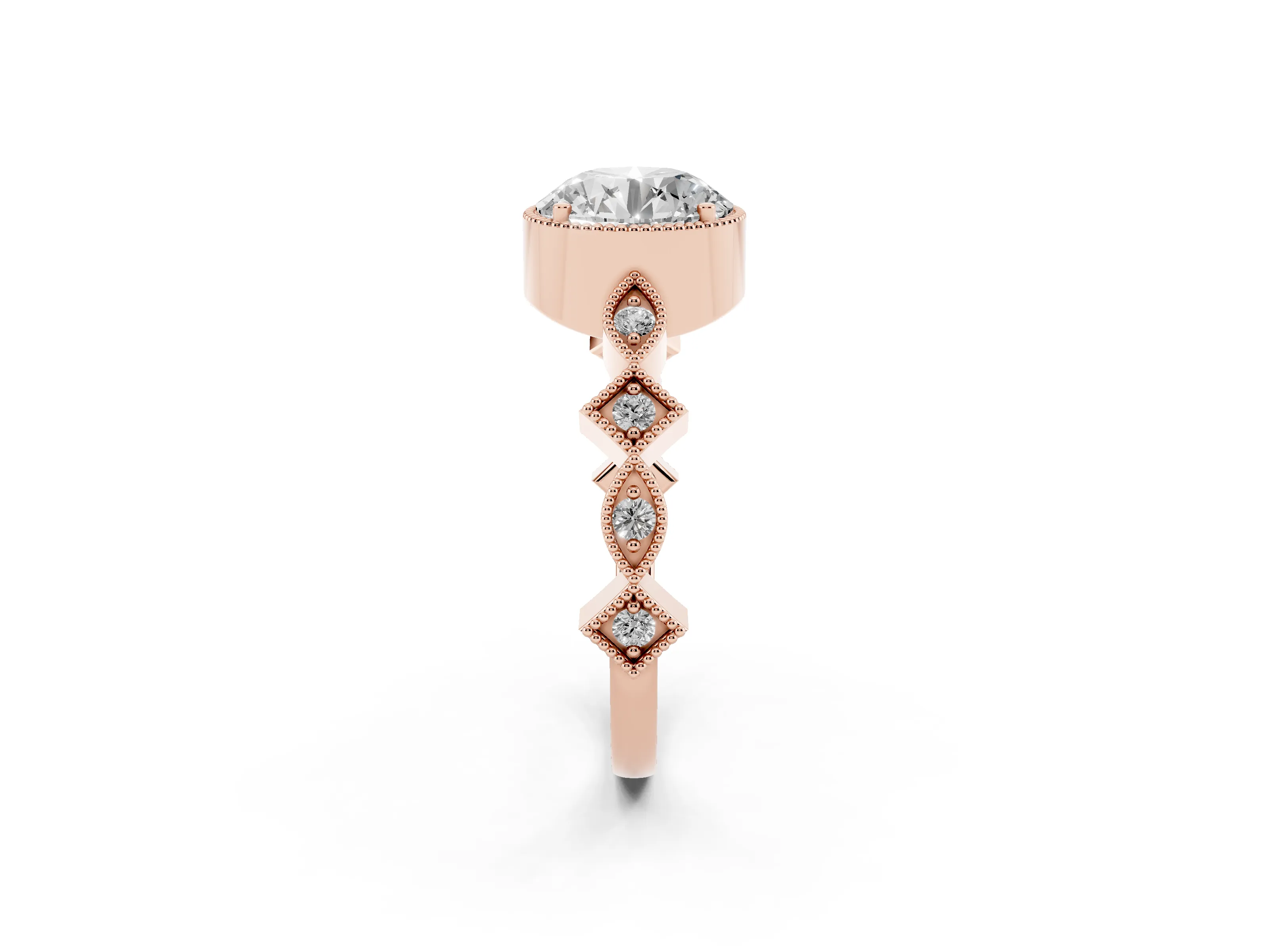 Round Cut Diamond Milgrain Marquise Twist Band Ring Set in Rose gold with Prong Setting