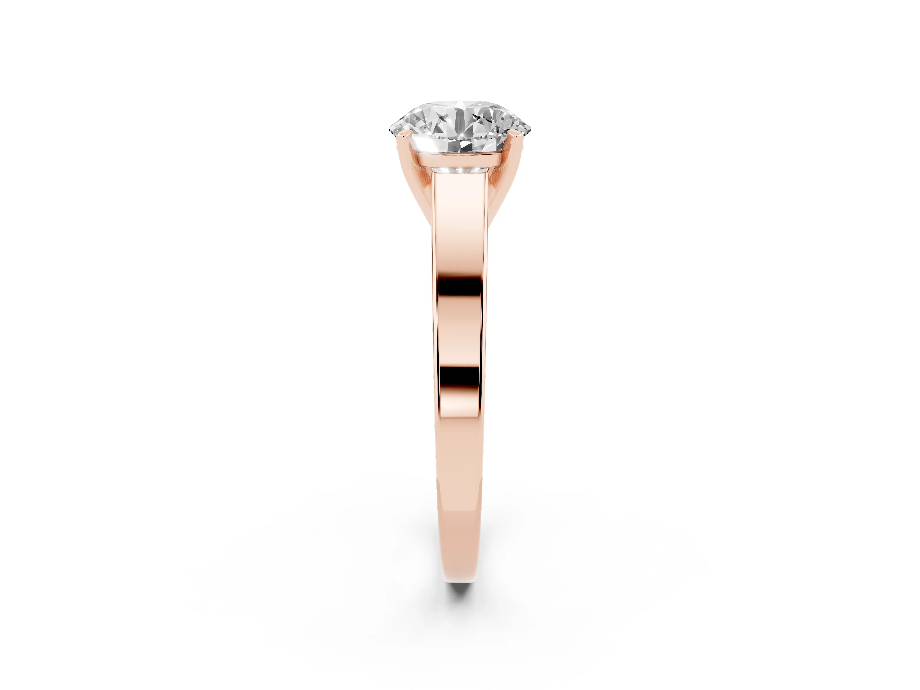 Round Cut Diamond Solitaire Engagement Ring Set in Rose gold with Prong Setting and Tapered Band