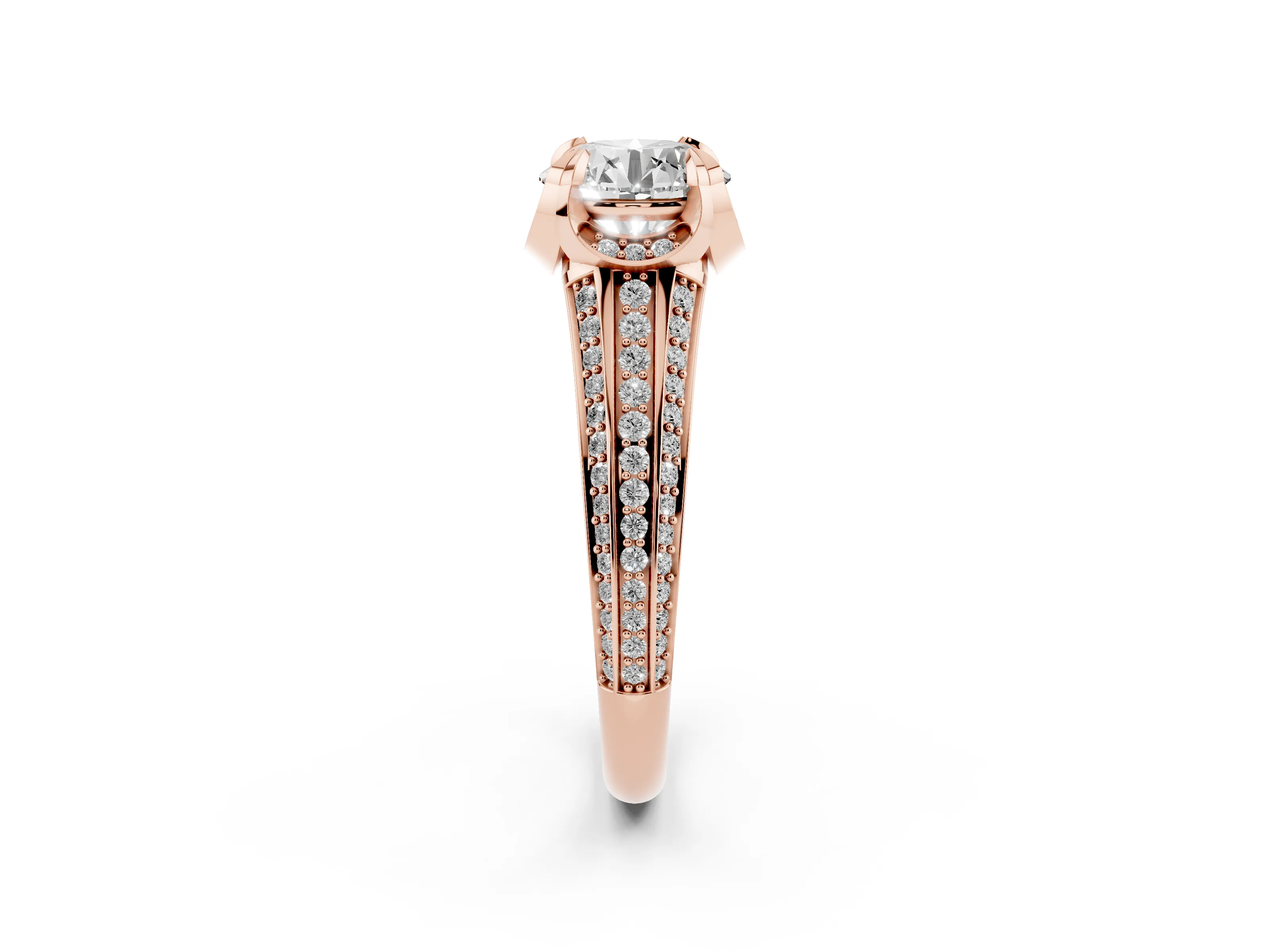 Round Cut Diamond Pavé Split Shank Solitaire Ring Set in Rose gold with Prong Setting