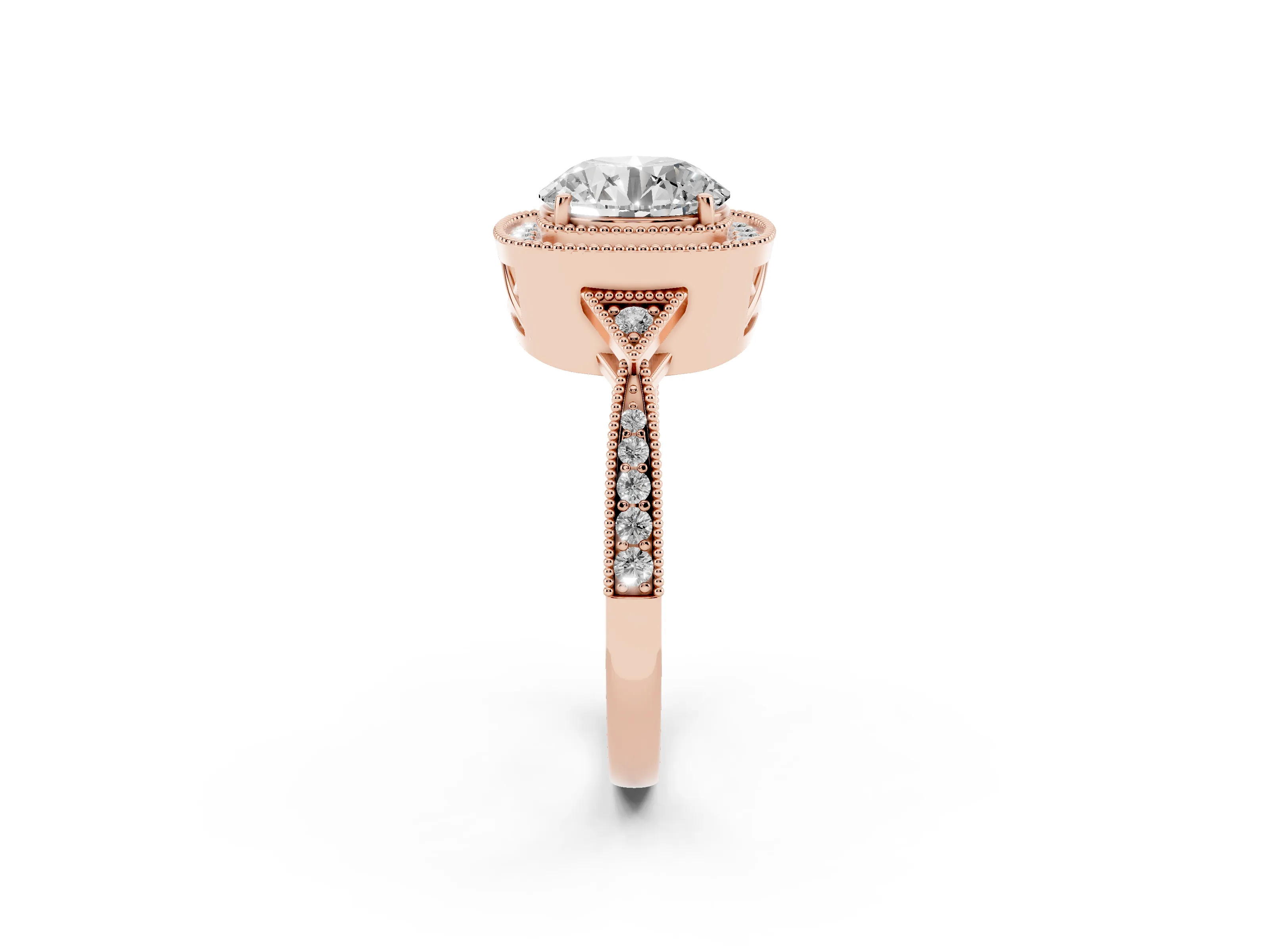 Round Cut Diamond Halo Engagement Ring Set in Rose gold with Milgrain Pavé Band