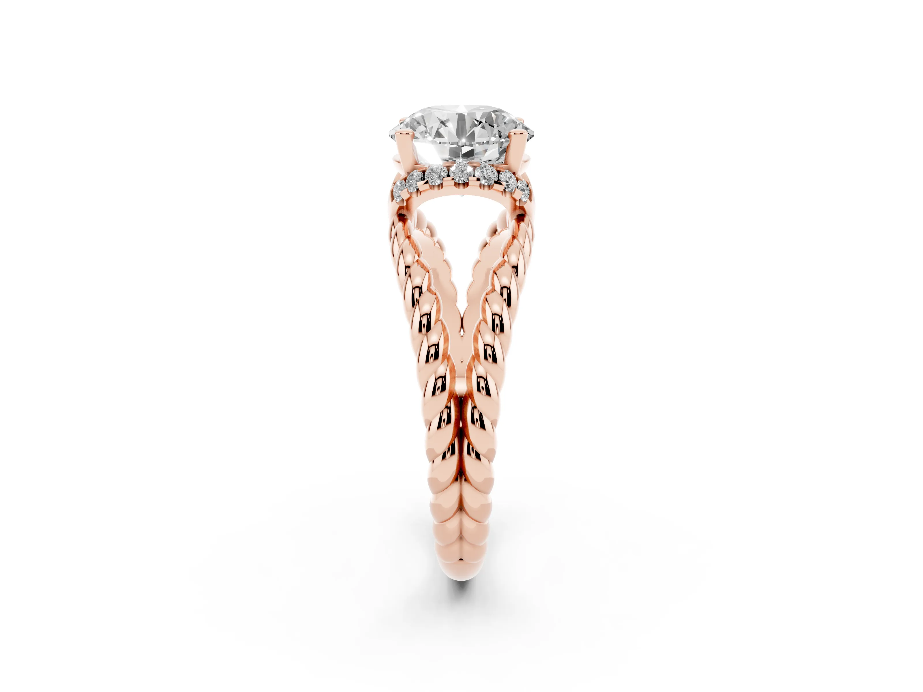 Round Cut Diamond Halo Ring Set in Rose gold with Twisted Band and Prong Setting