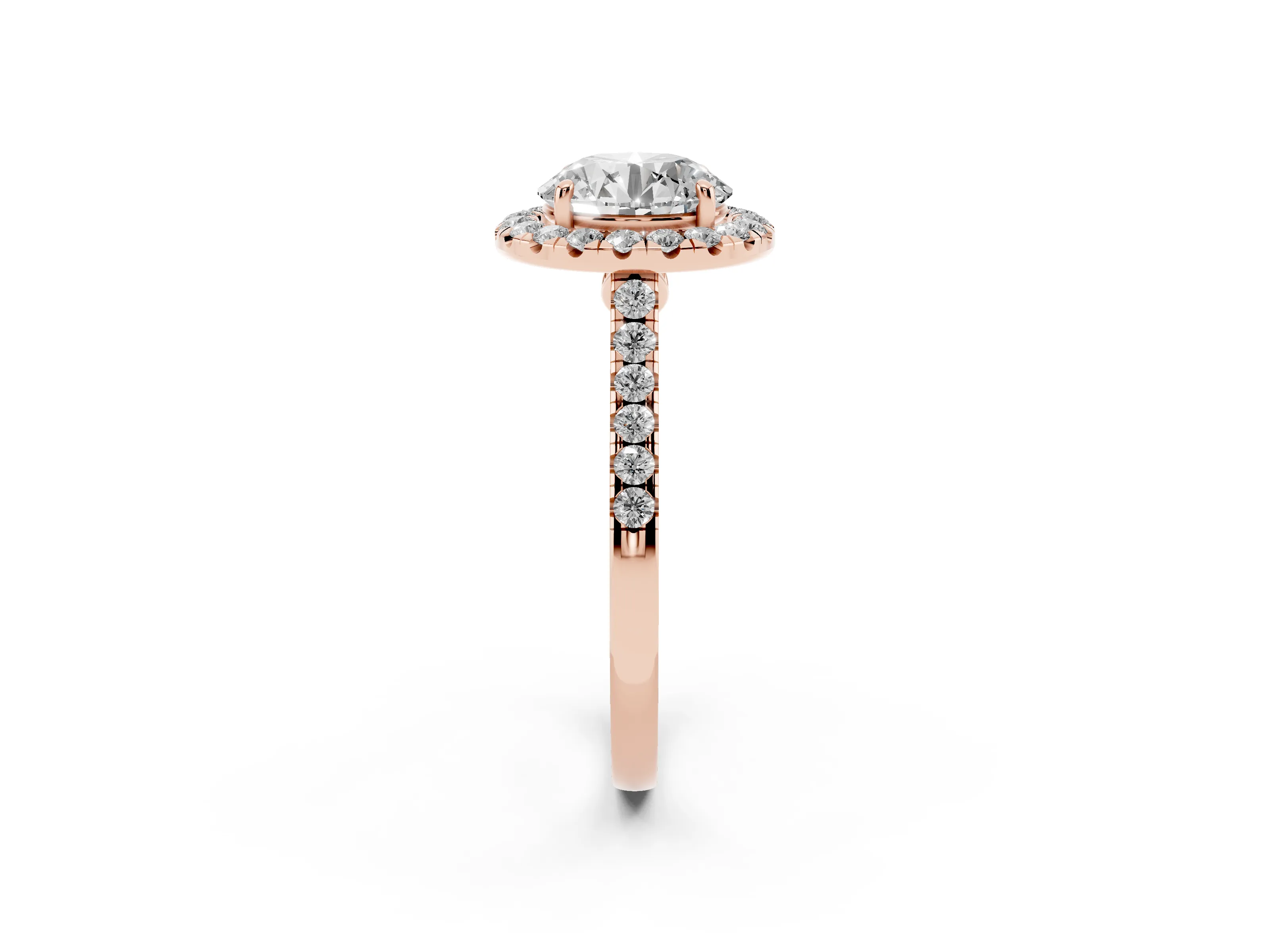 Round Cut Diamond Halo Pavé Engagement Ring Set in Rose gold with Prong Setting