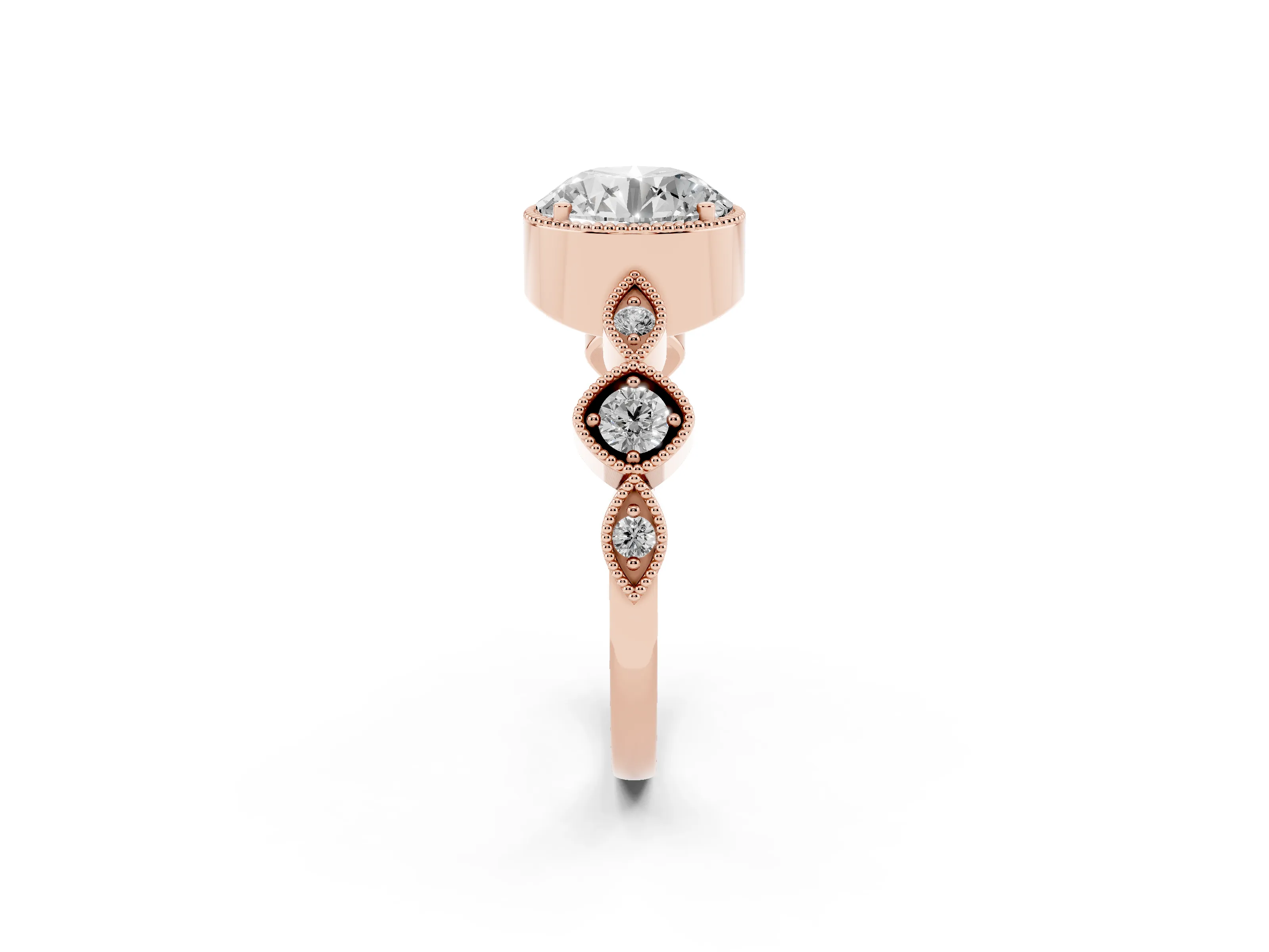 Round Cut Diamond Vintage-Inspired Milgrain Ring Set in Rose gold with Marquise Stations of Round Accents