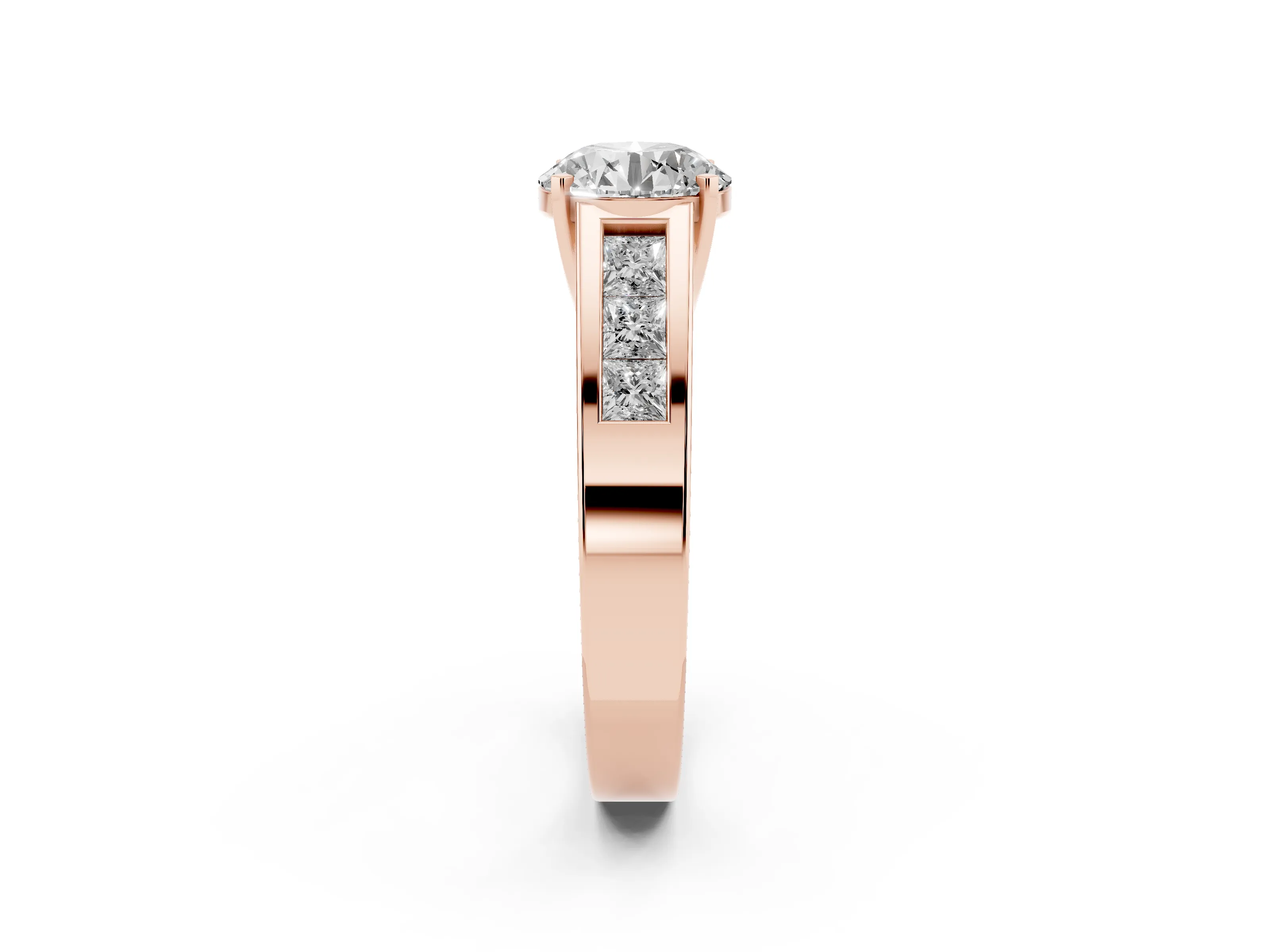 Round Cut Diamond Solitaire Ring Set in Rose gold with Channel-Set Accent Stones and Prong Setting