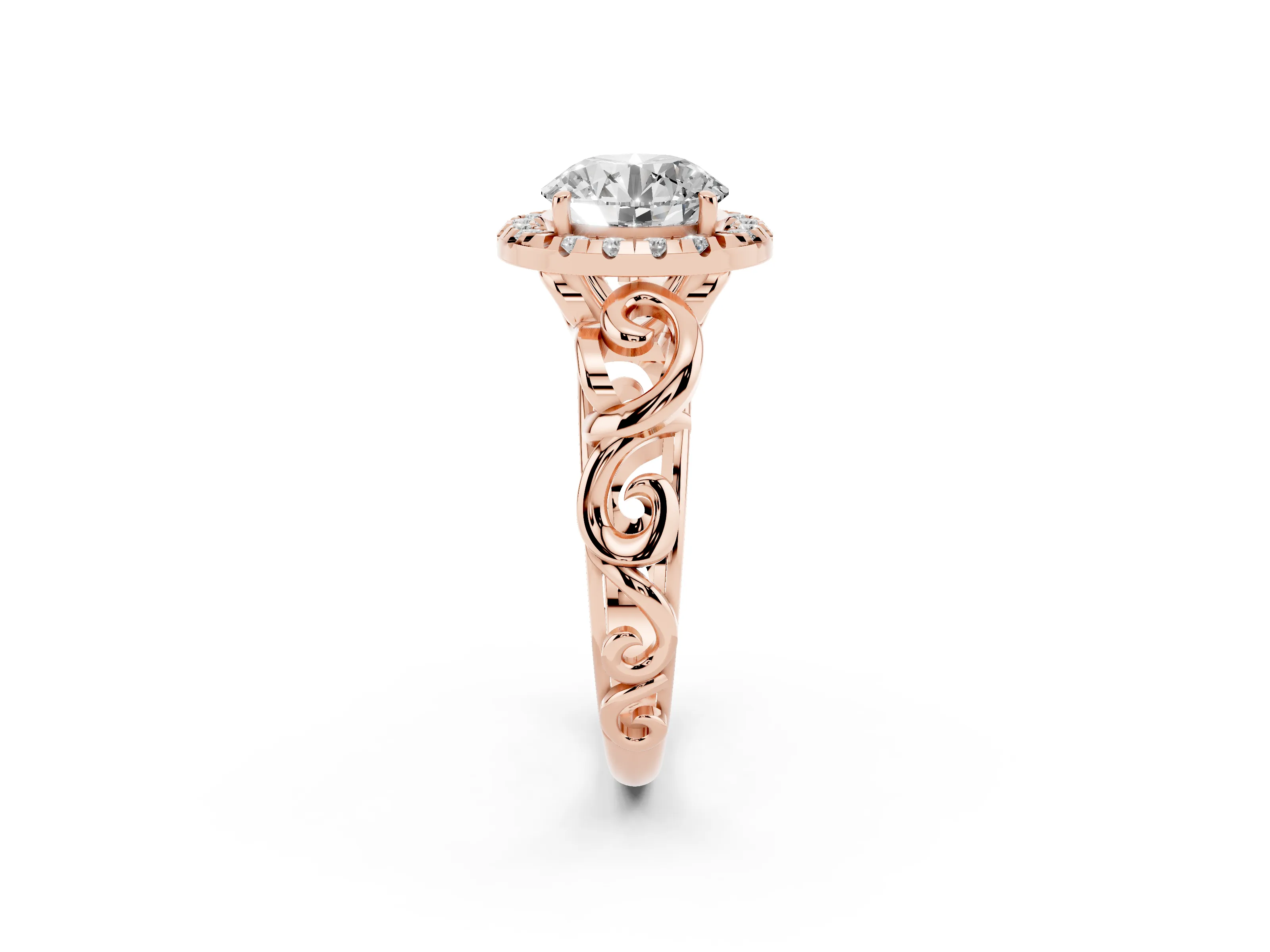 Round Cut Diamond Halo Ring Set in Rose gold with Scrollwork Band and Prong Setting