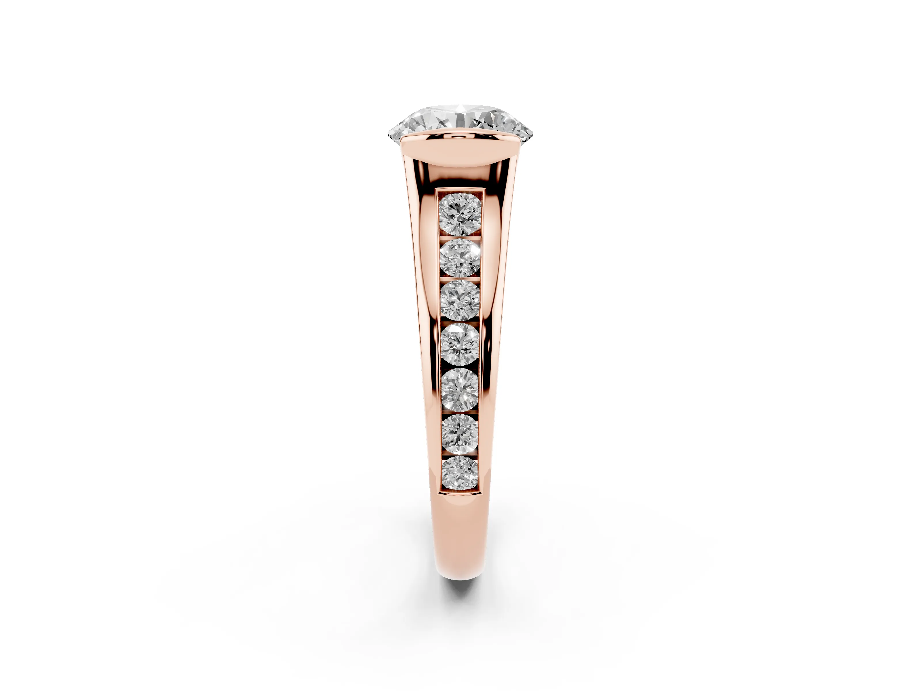 Round Cut Diamond Bezel-Set Solitaire Ring Set in Rose gold with Channel-Set Band