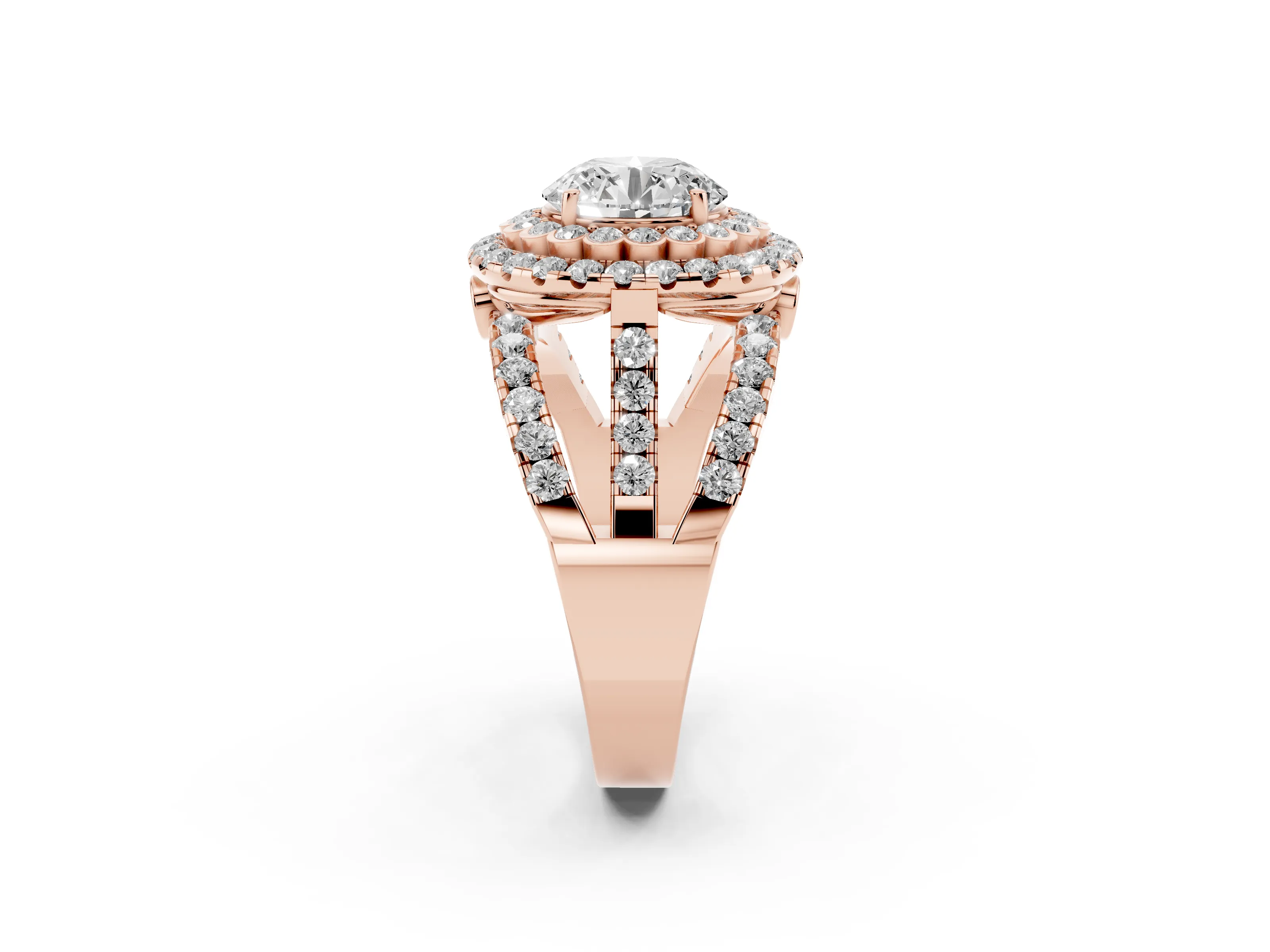 Round Cut Diamond Double Halo Ring Set in Rose gold with Round Pavé Split Shank