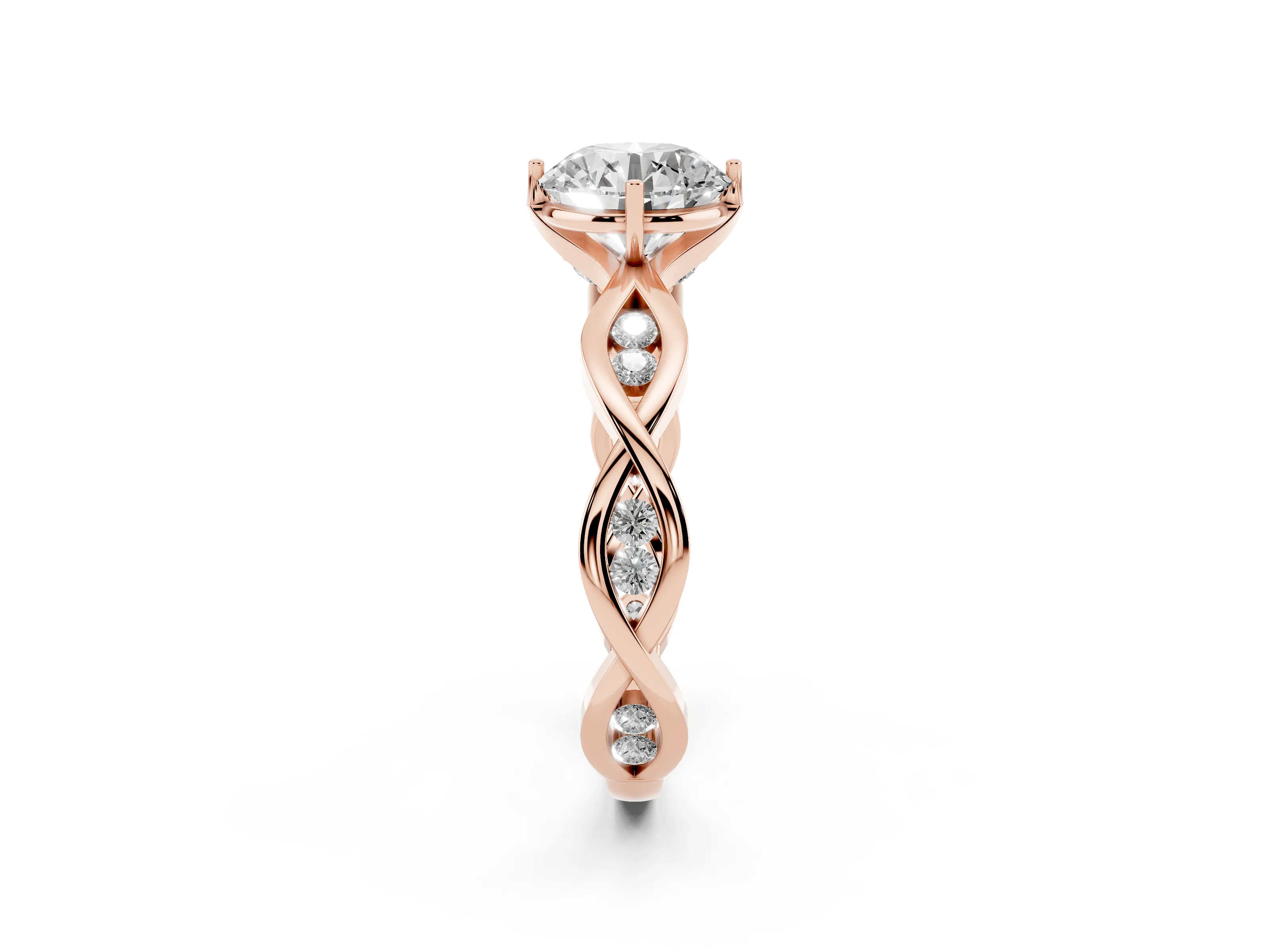 Round Cut Diamond Twist Band Solitaire Ring Set in Rose gold with Leaf Prong Setting and Accent Stones