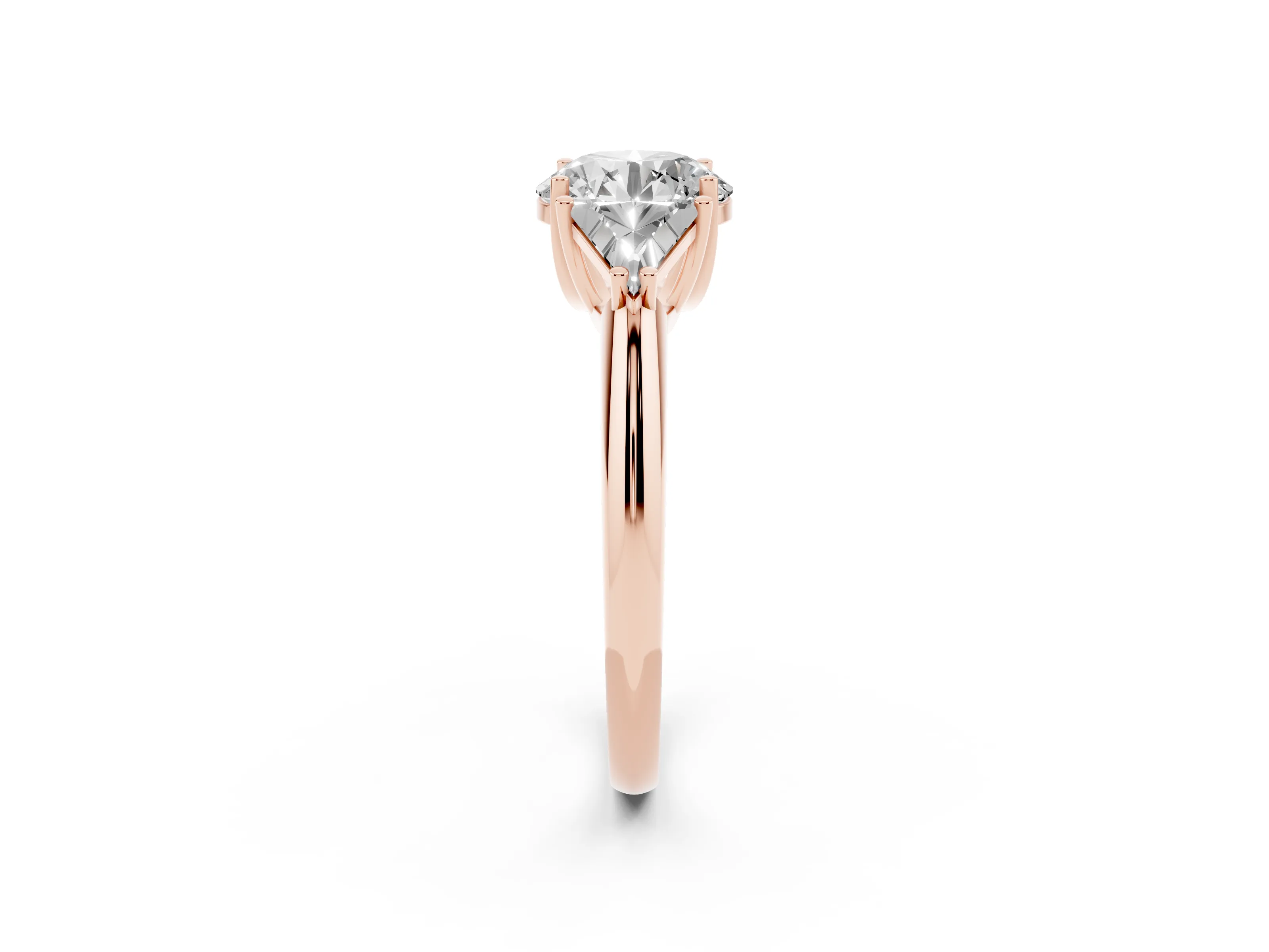 Round Cut Diamond Three-Stone Engagement Ring Set in Rose gold with Trillion Side Stones