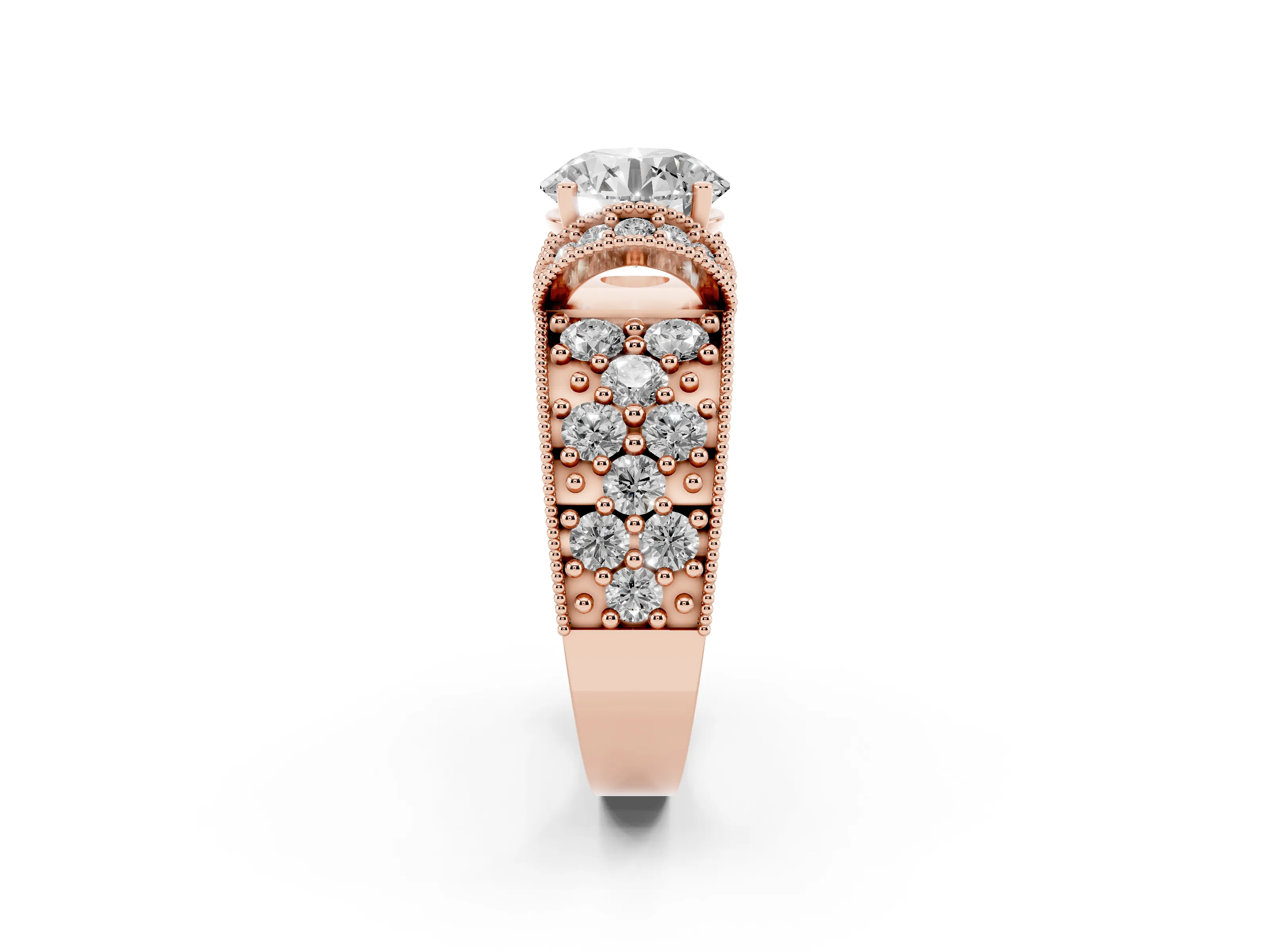 Round Cut Diamond Milgrain Halo Pavé Engagement Ring Set in Rose gold with Prong Setting