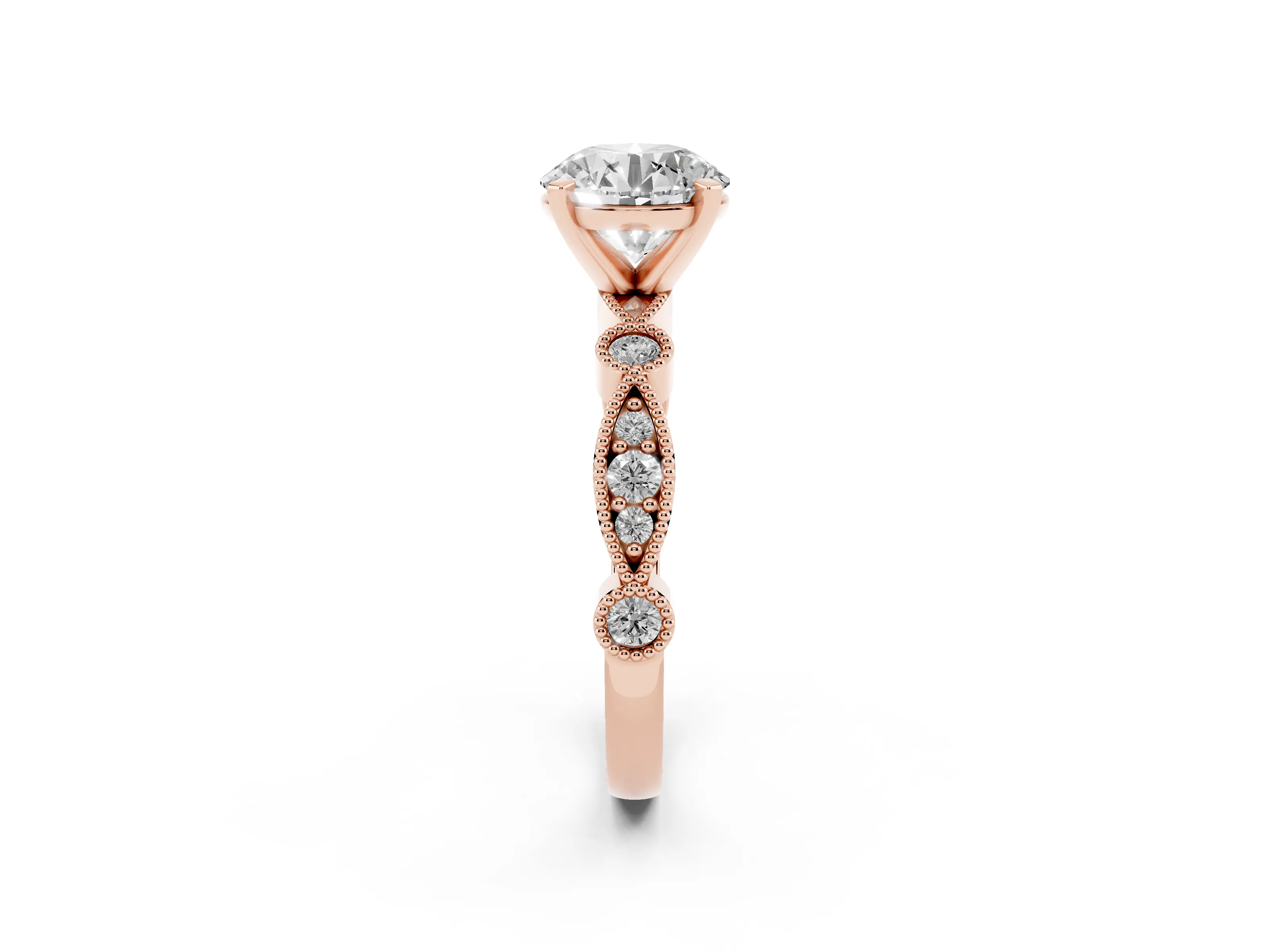 Round Cut Diamond Solitaire Engagement Ring Set in Rose gold with Milgrain Bezel Accent Band