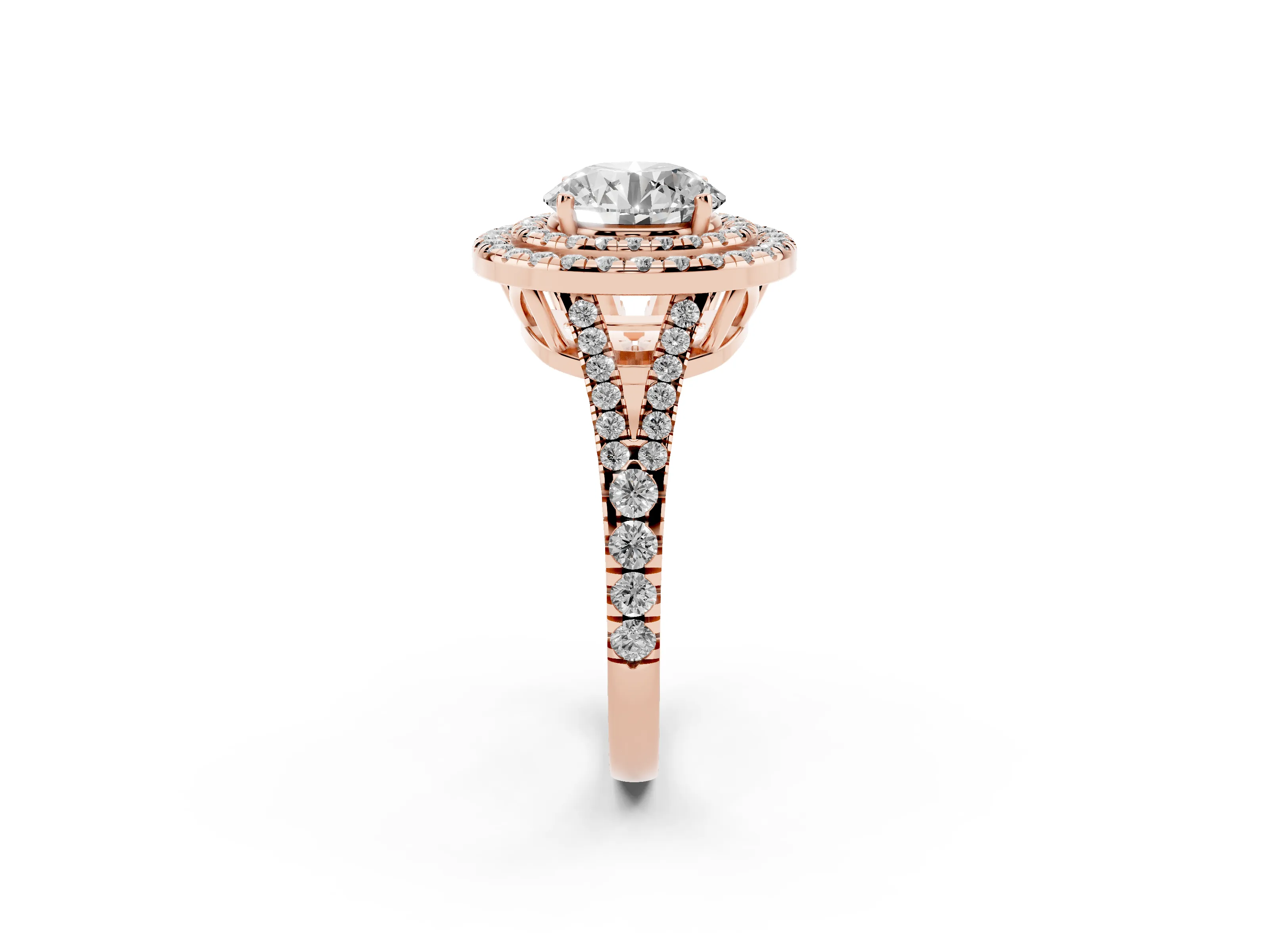 Round Cut Diamond Double Halo Ring Set in Rose gold with Pavé Band