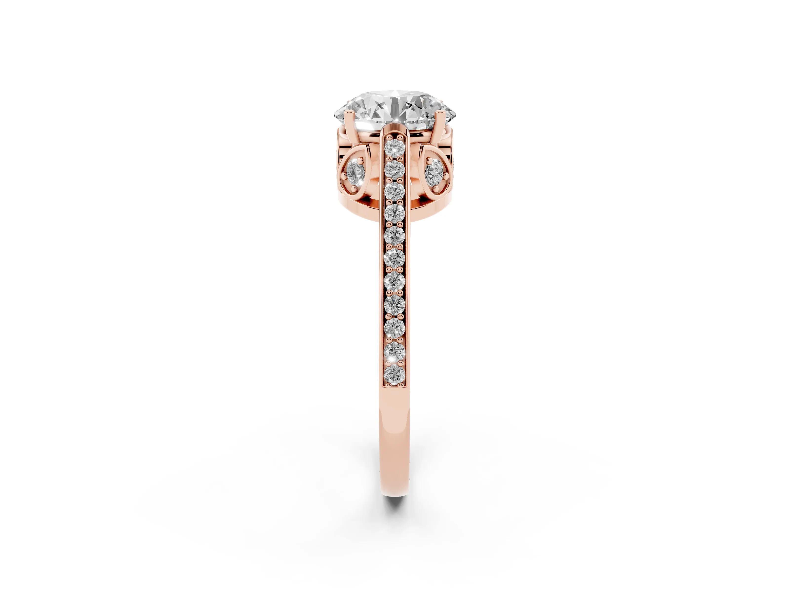 Round Cut Diamond Cathedral Pavé Engagement Ring Set in Rose gold with Prong Setting