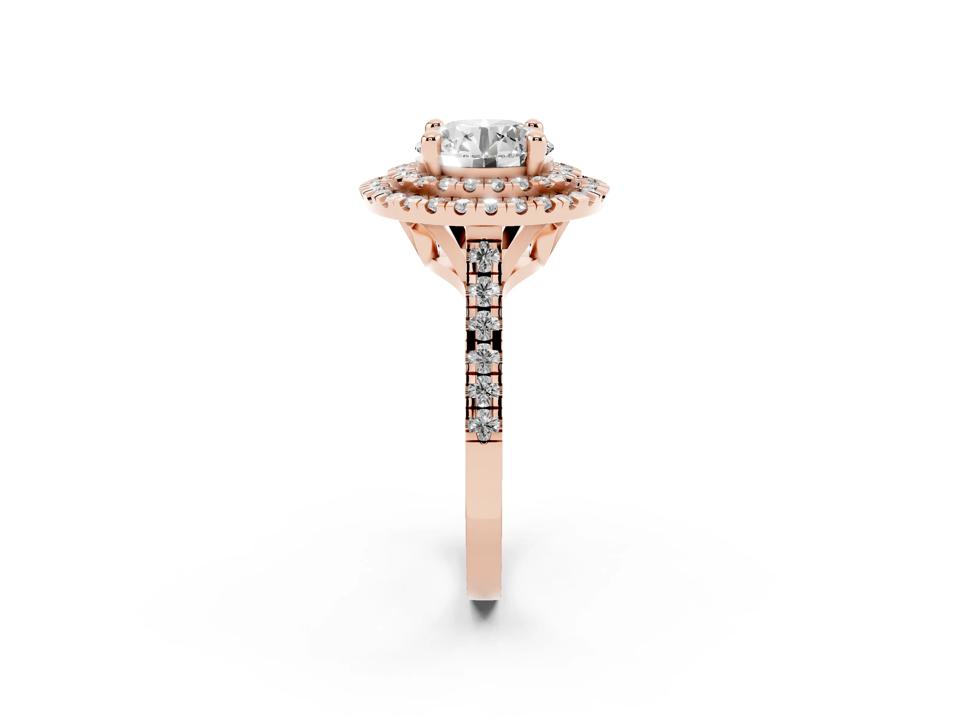 Round Cut Diamond Double Halo Statement Ring Set in Rose gold with Pavé Band