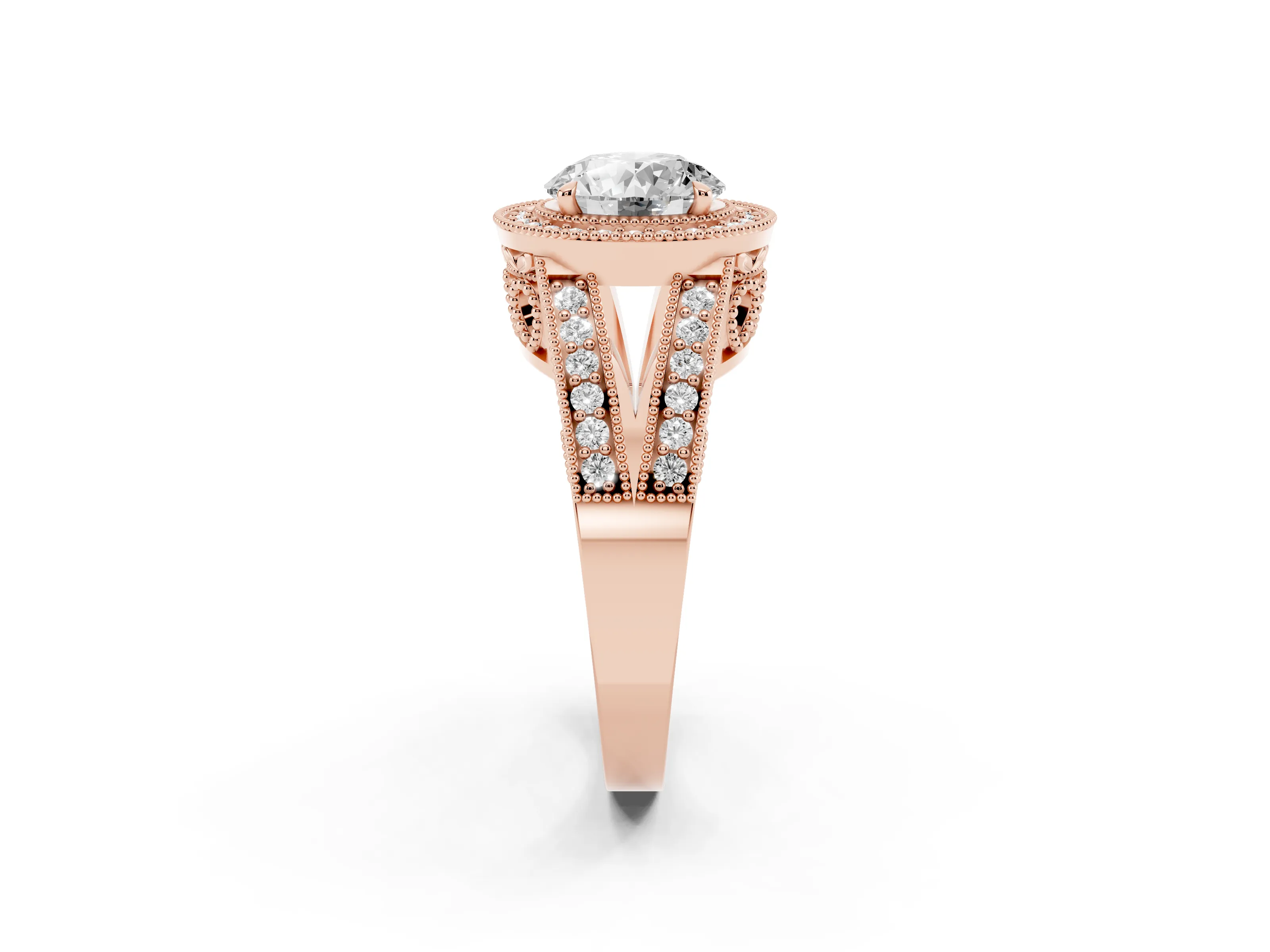 Round Cut Diamond Halo Ring Set in Rose gold with Stone-Set Split Shank and Milgrain Edges