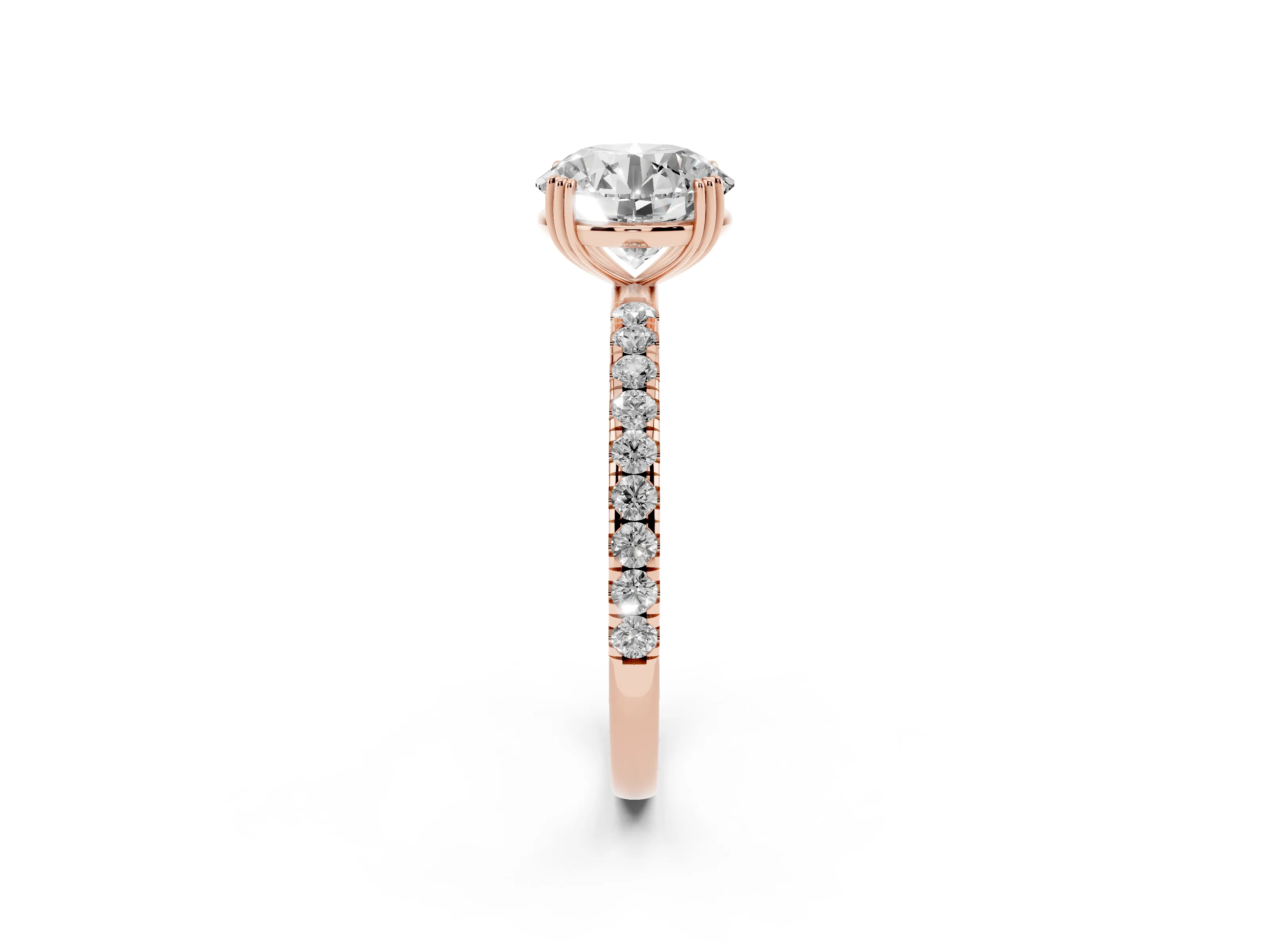 Round Cut Diamond Brilliant Solitaire Set in Rose gold with Pavé Band and Claw Prong Setting