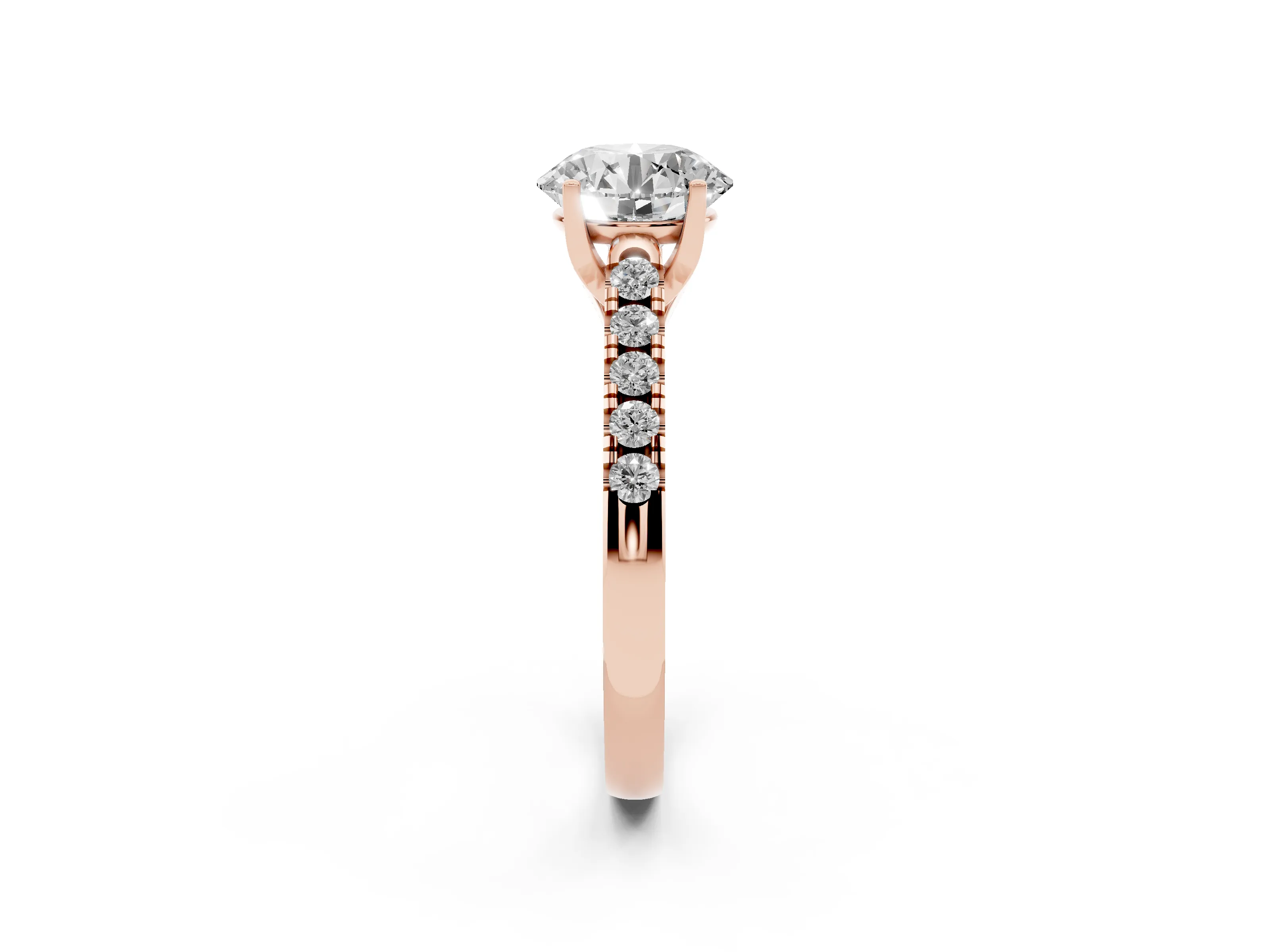 Round Cut Diamond Pavé Band Solitaire Ring Set in Rose gold with Partway Accent Stones and Prong Setting