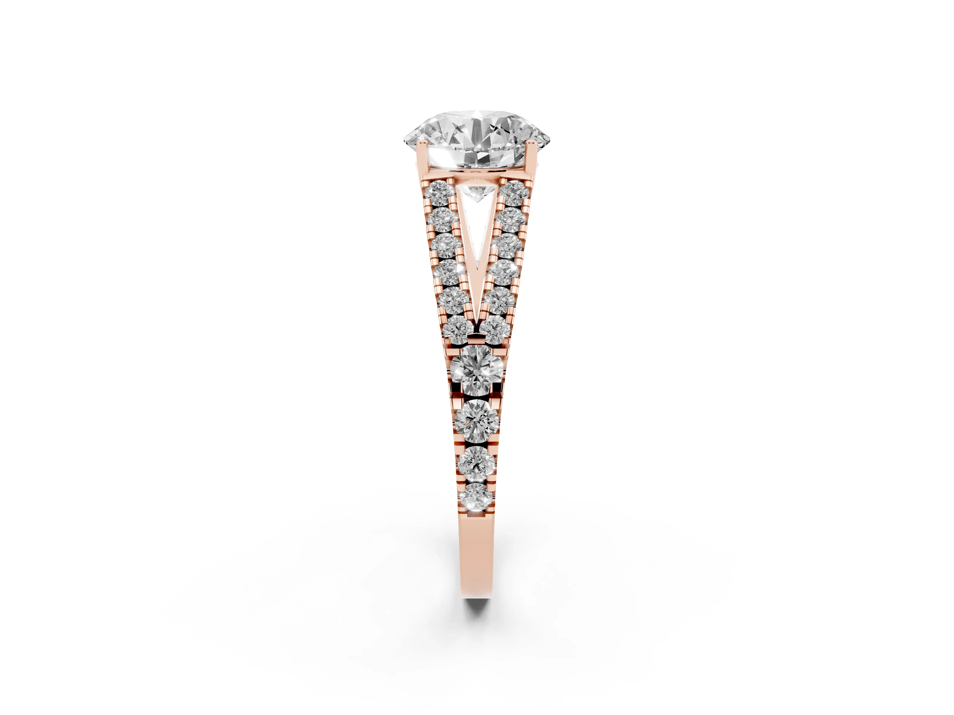 Round Cut Diamond Split Shank Pavé Engagement Ring Set in Rose gold with Prong-Held Center Stone