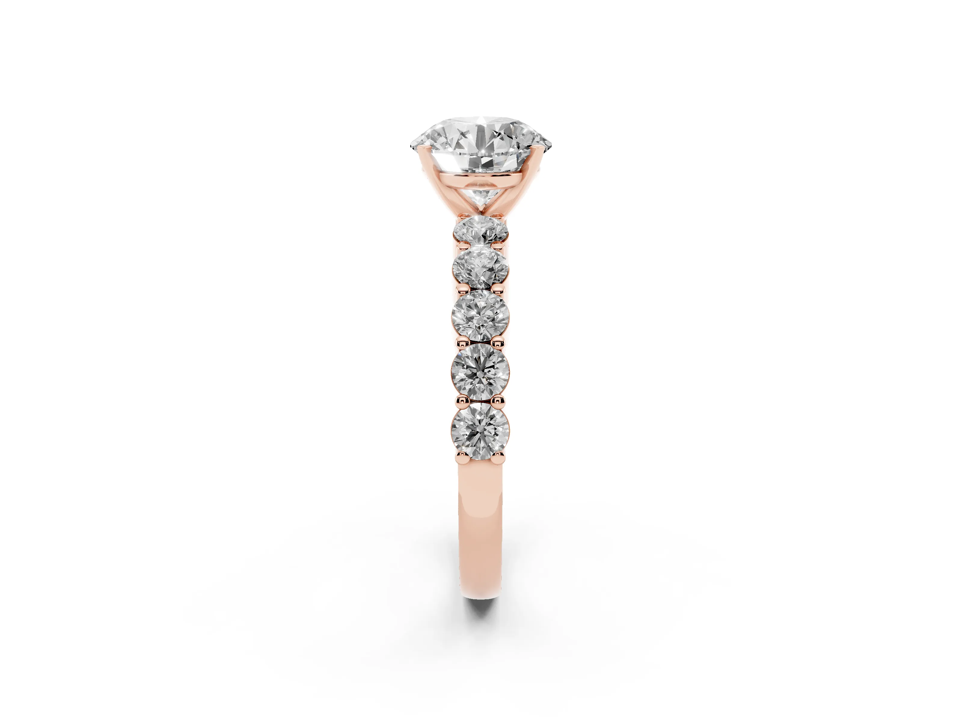 Round Cut Diamond Solitaire Ring Set in Rose gold with Shared Prong Round Side Stones
