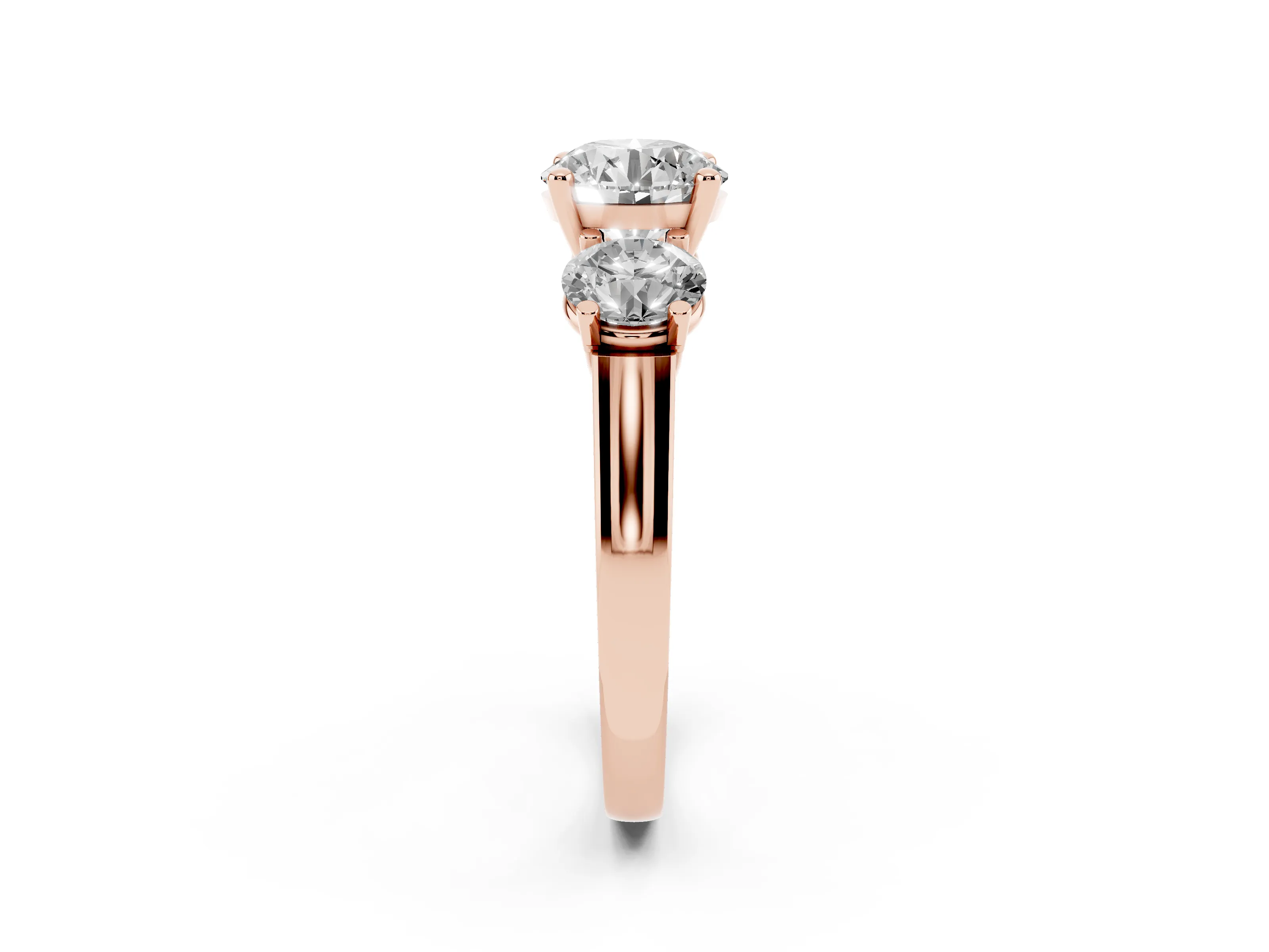Round Cut Diamond Three-Stone Trellis Ring Set in Rose gold with Comfort Fit Band