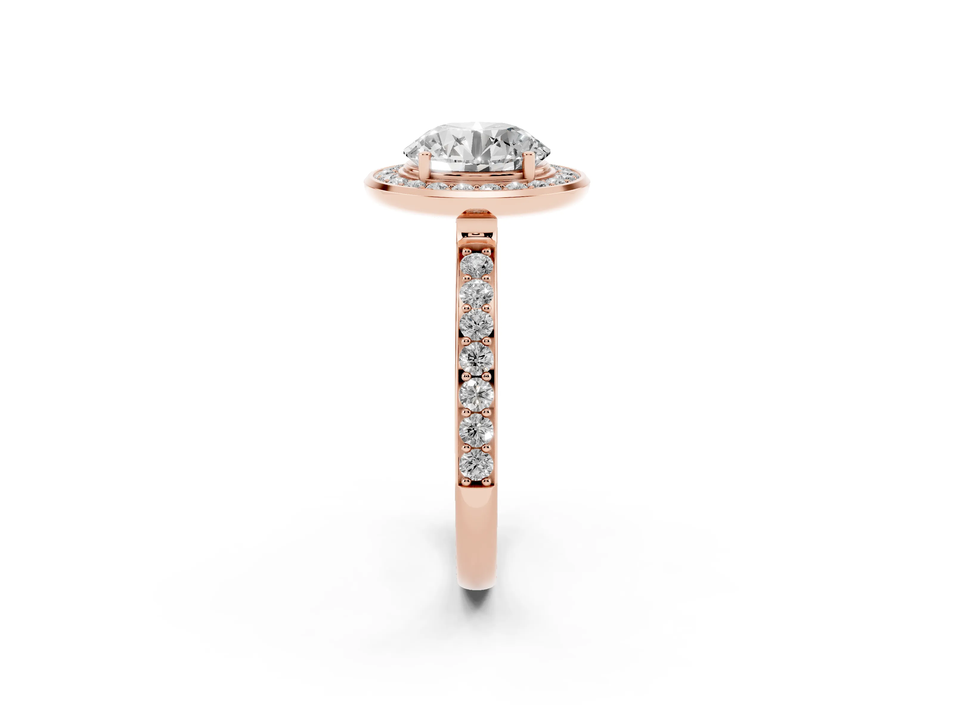 Round Cut Diamond Halo Ring Set in Rose gold with Bezel Frame and Pavé Band