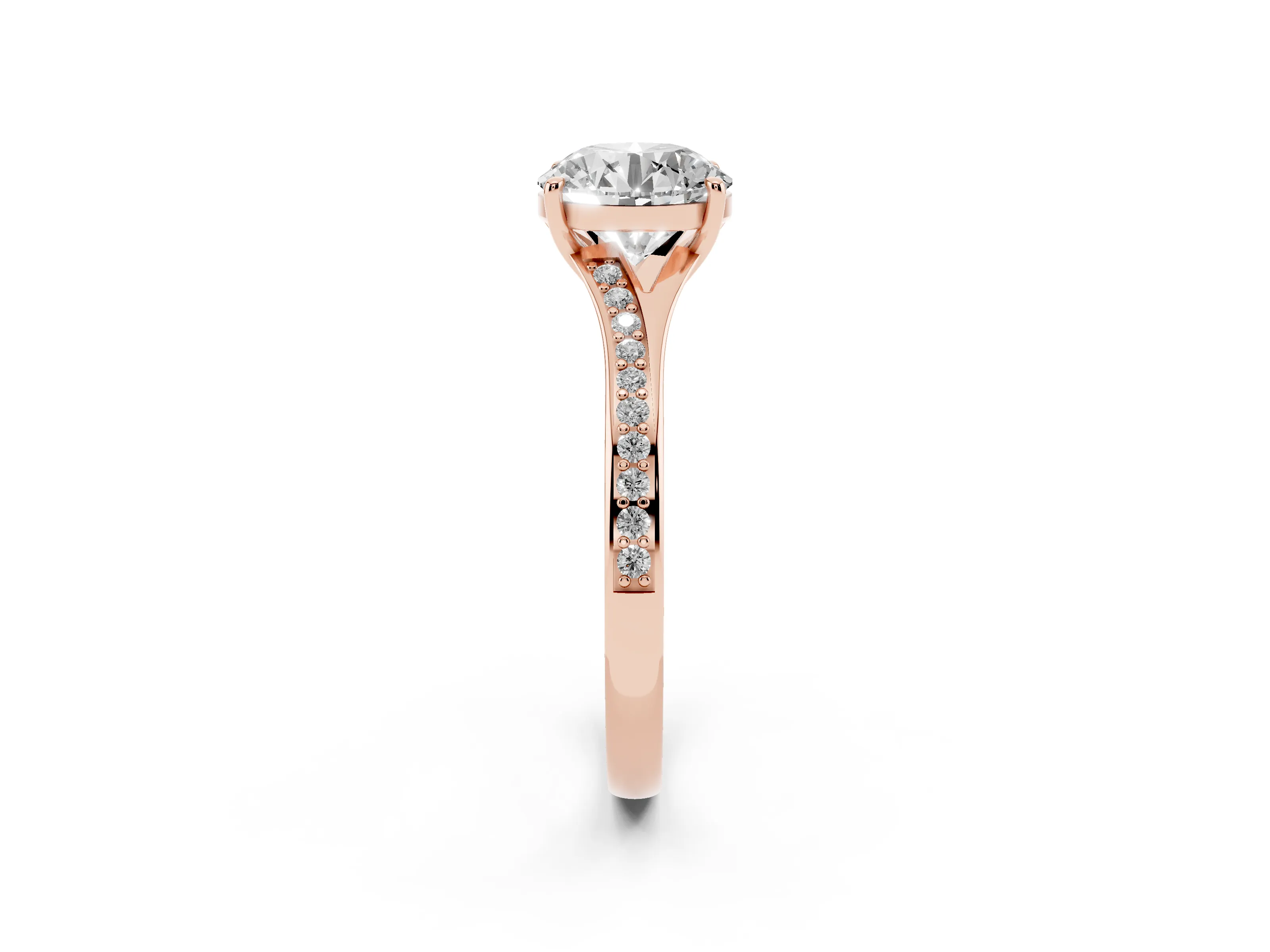 Round Cut Diamond Solitaire Ring Set in Rose gold with Pavé Accent Band and Classic Prong Setting