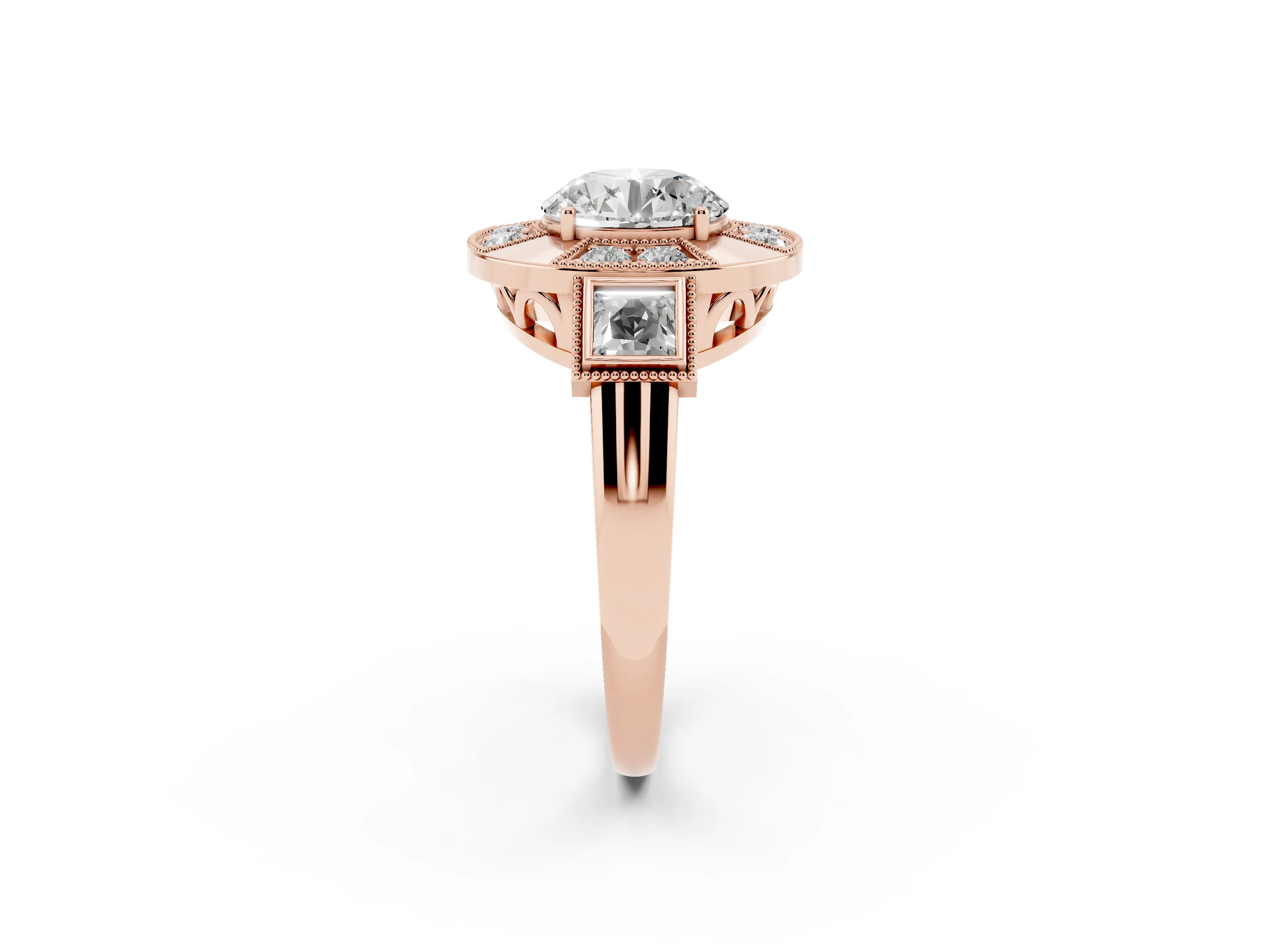 Round Cut Diamond Milgrain Halo Ring Set in Rose gold with Split Shank