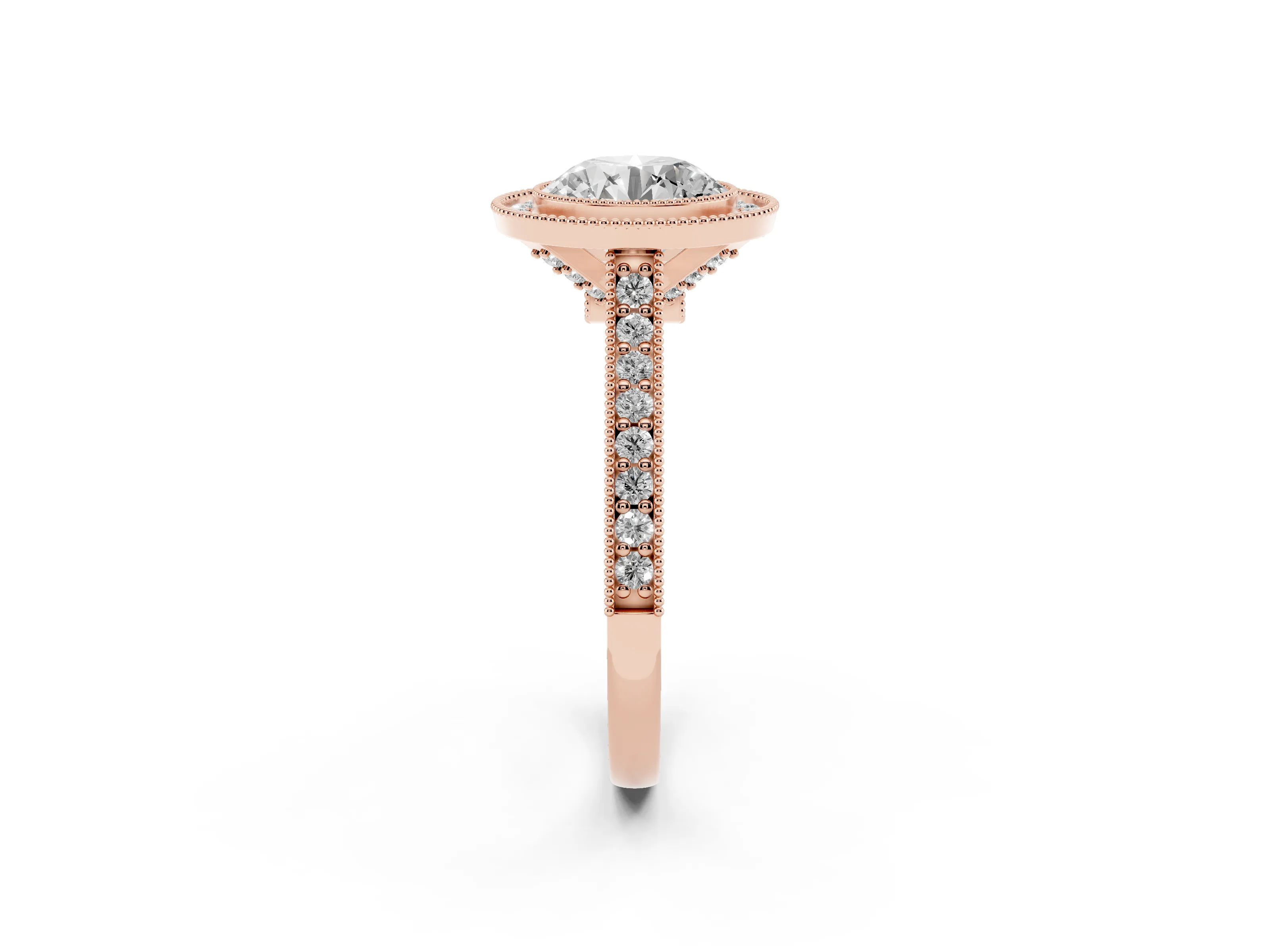 Round Cut Diamond Halo Milgrain Pavé Band Ring Set in Rose gold with Prong Setting
