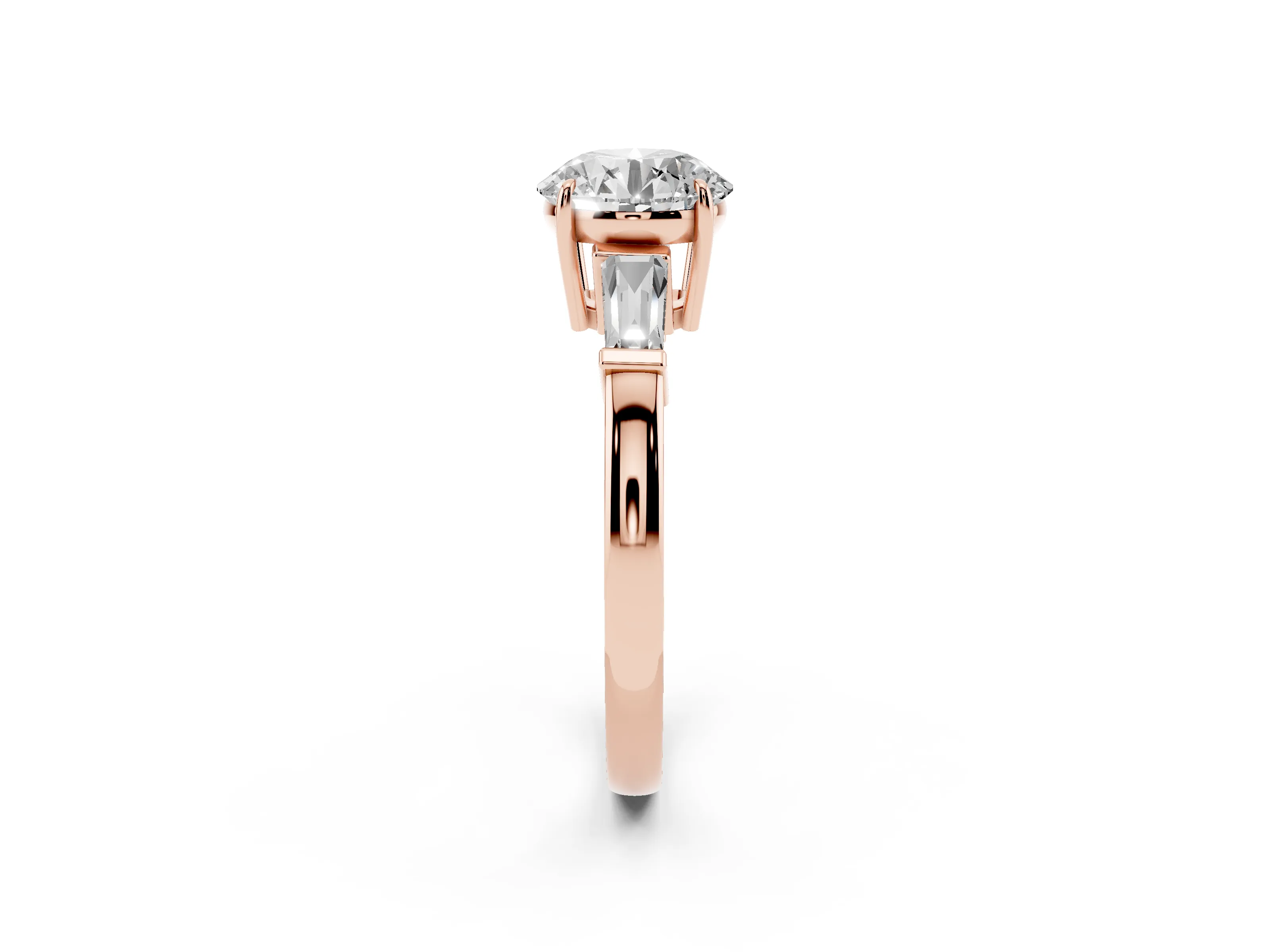 Round Cut Diamond Three-Stone Ring Set in Rose gold with Tapered Baguette Side Stones and Prong Setting
