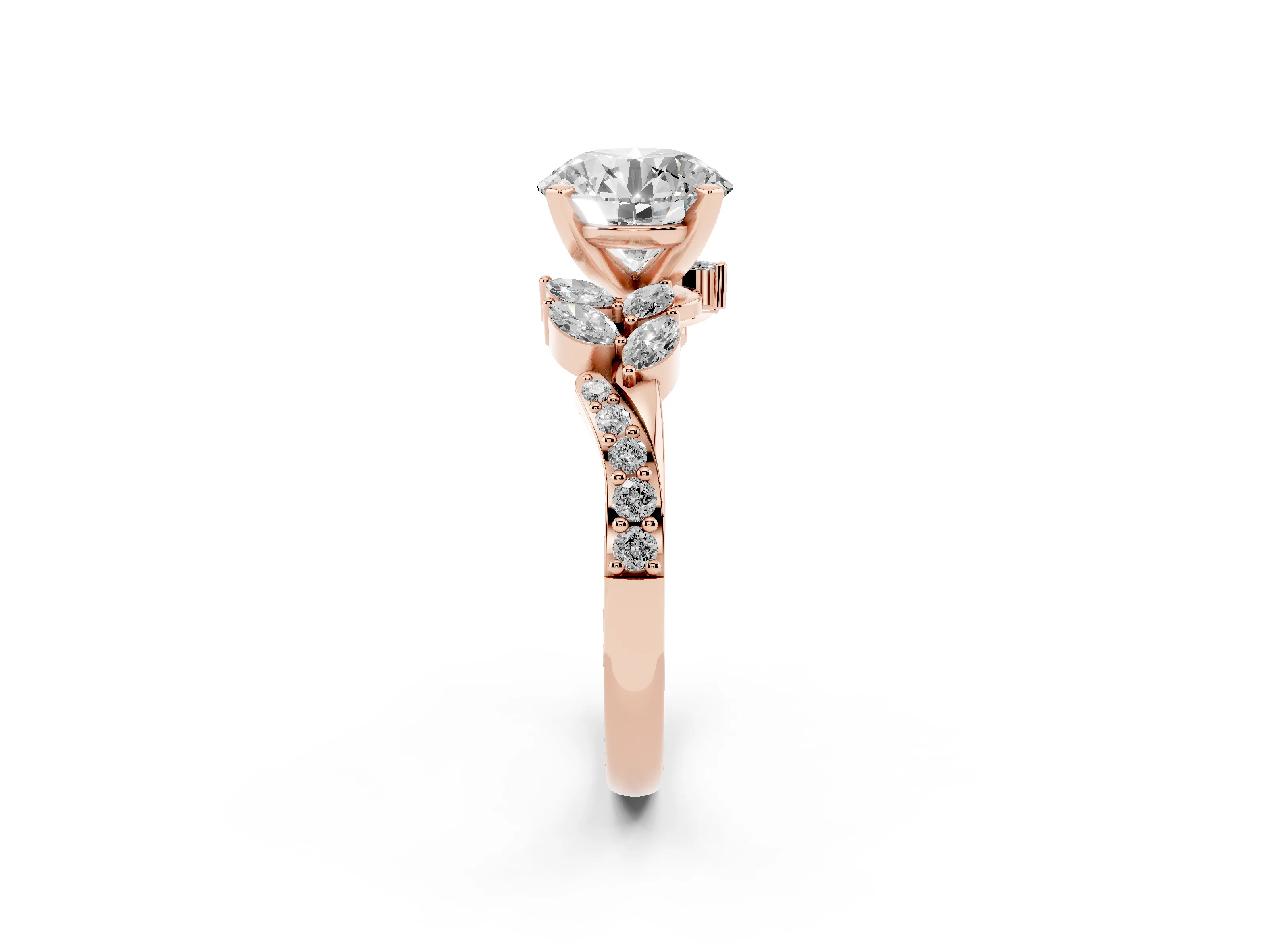 Round Cut Diamond Solitaire Ring Set in Rose gold with Marquise Twist Band and Prong Setting