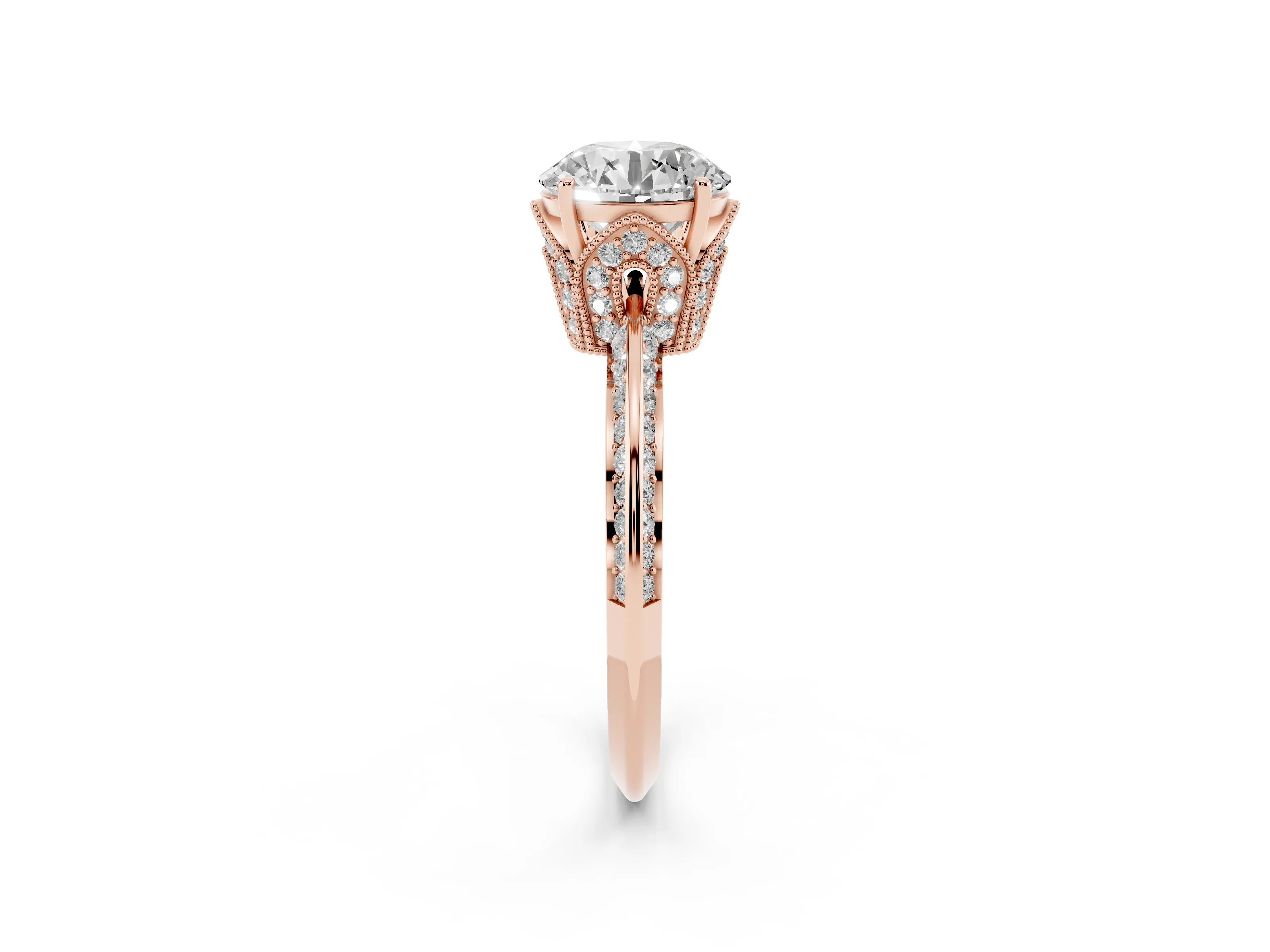 Round Cut Diamond Solitaire Engagement Ring Set in Rose gold with Pavé Split Shank and Prong Setting