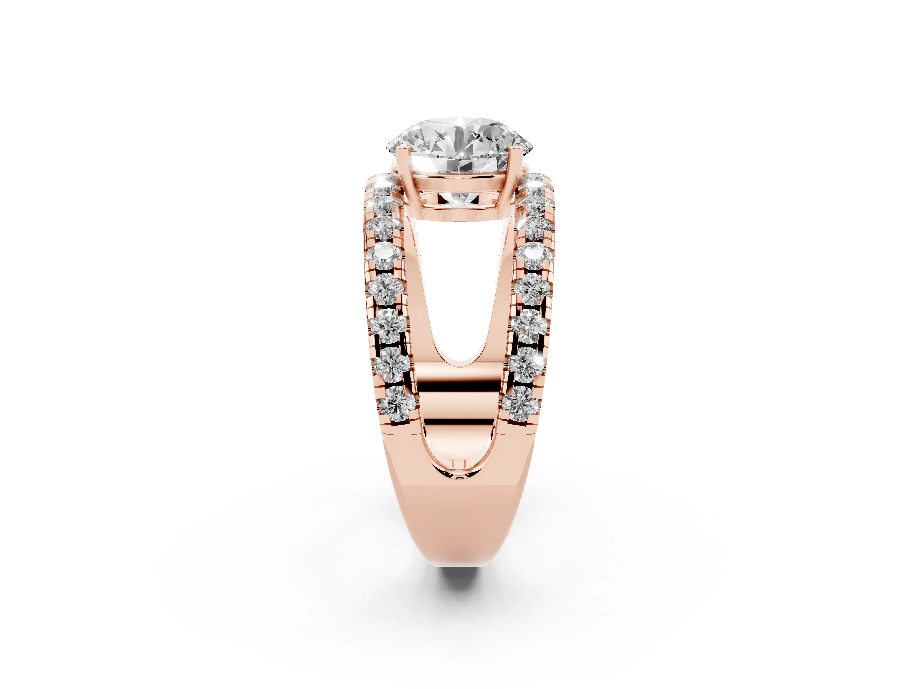 Round Cut Diamond Split Shank Pavé Solitaire Ring Set in Rose gold with Open Shank Design