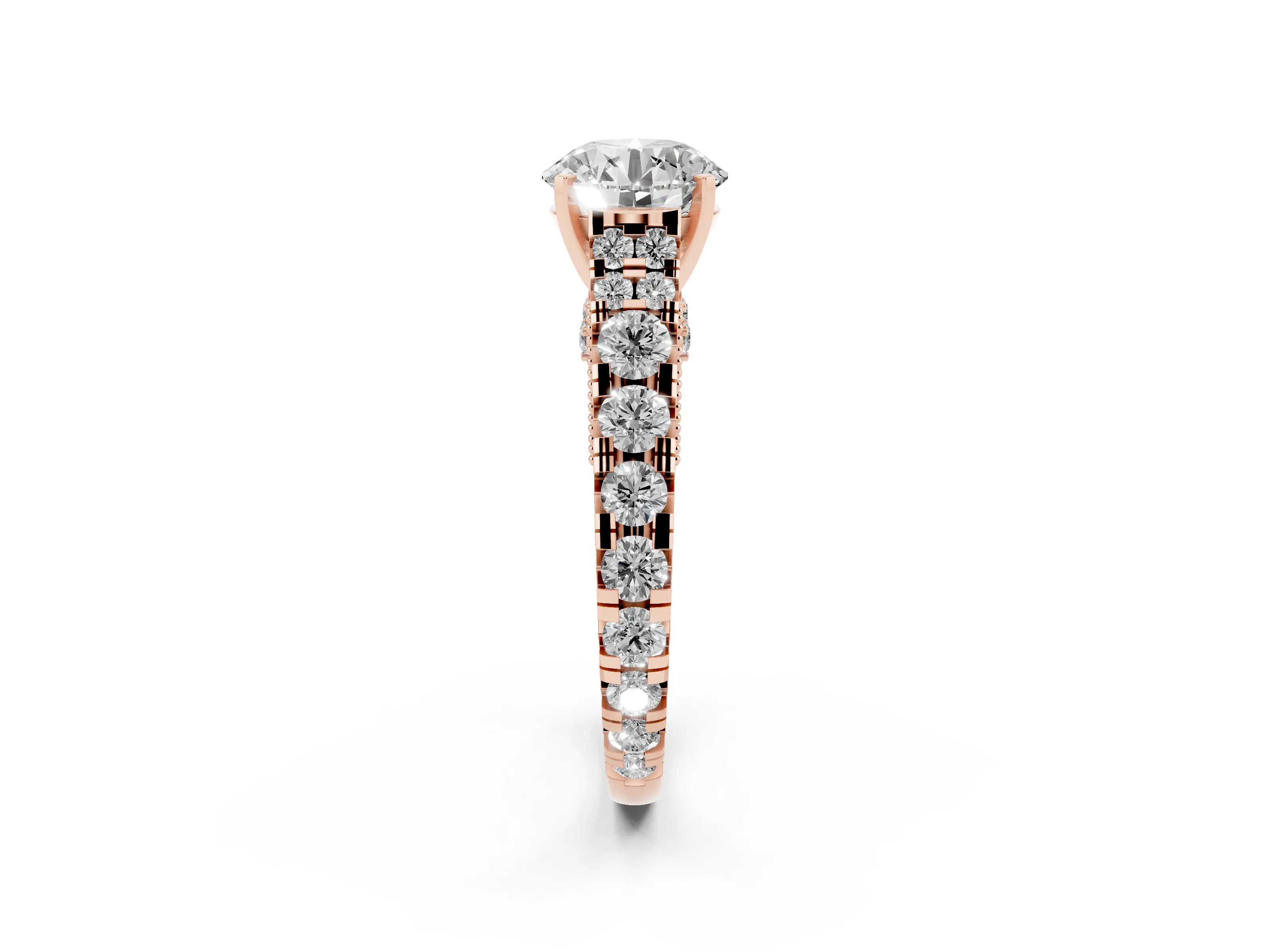 Round Cut Diamond Classic Solitaire Ring Set in Rose gold with Pavé Band and Prong Setting