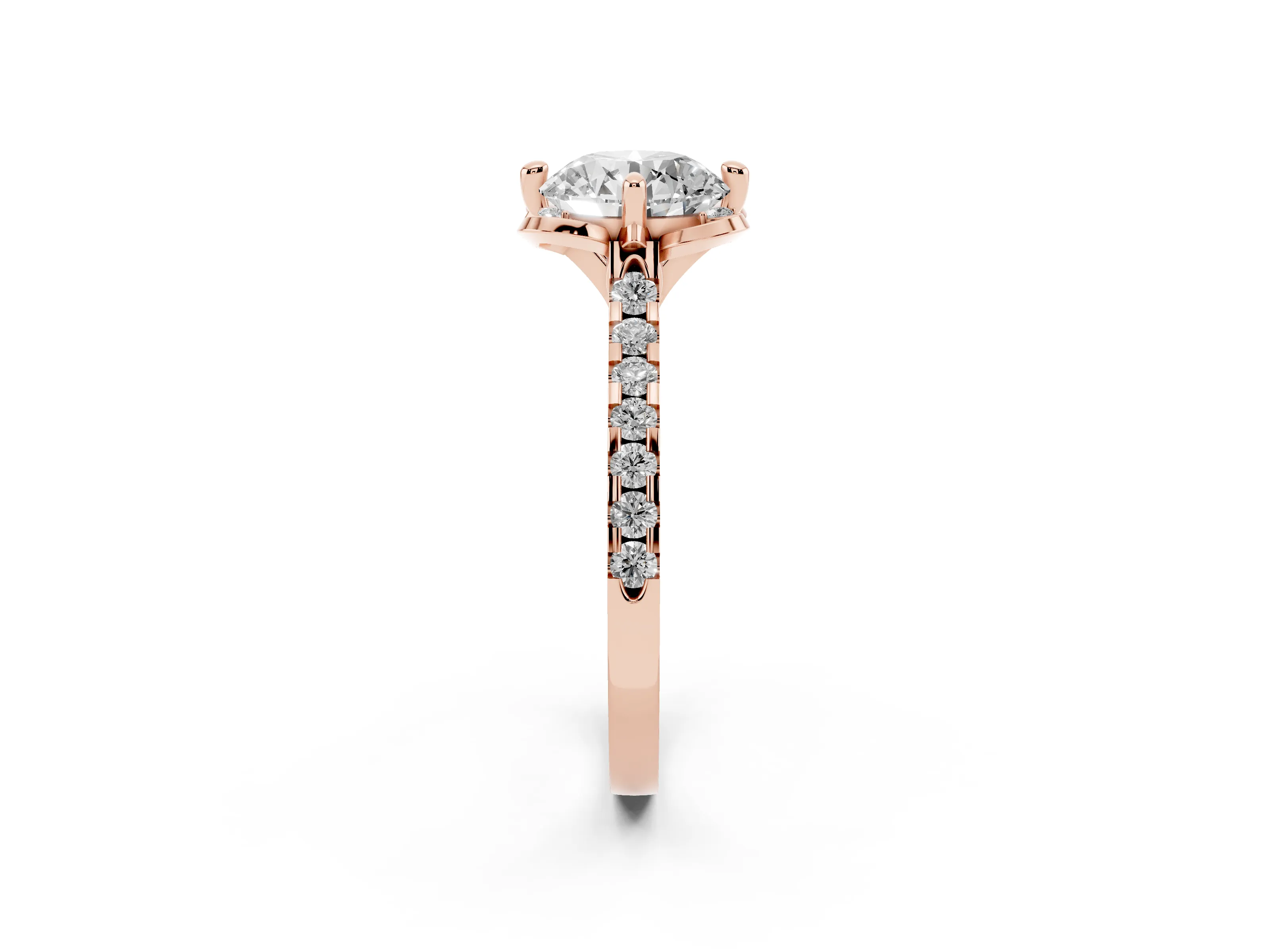 Round Cut Diamond Solitaire Ring Set in Rose gold with Pavé Band and Floral Prong Setting