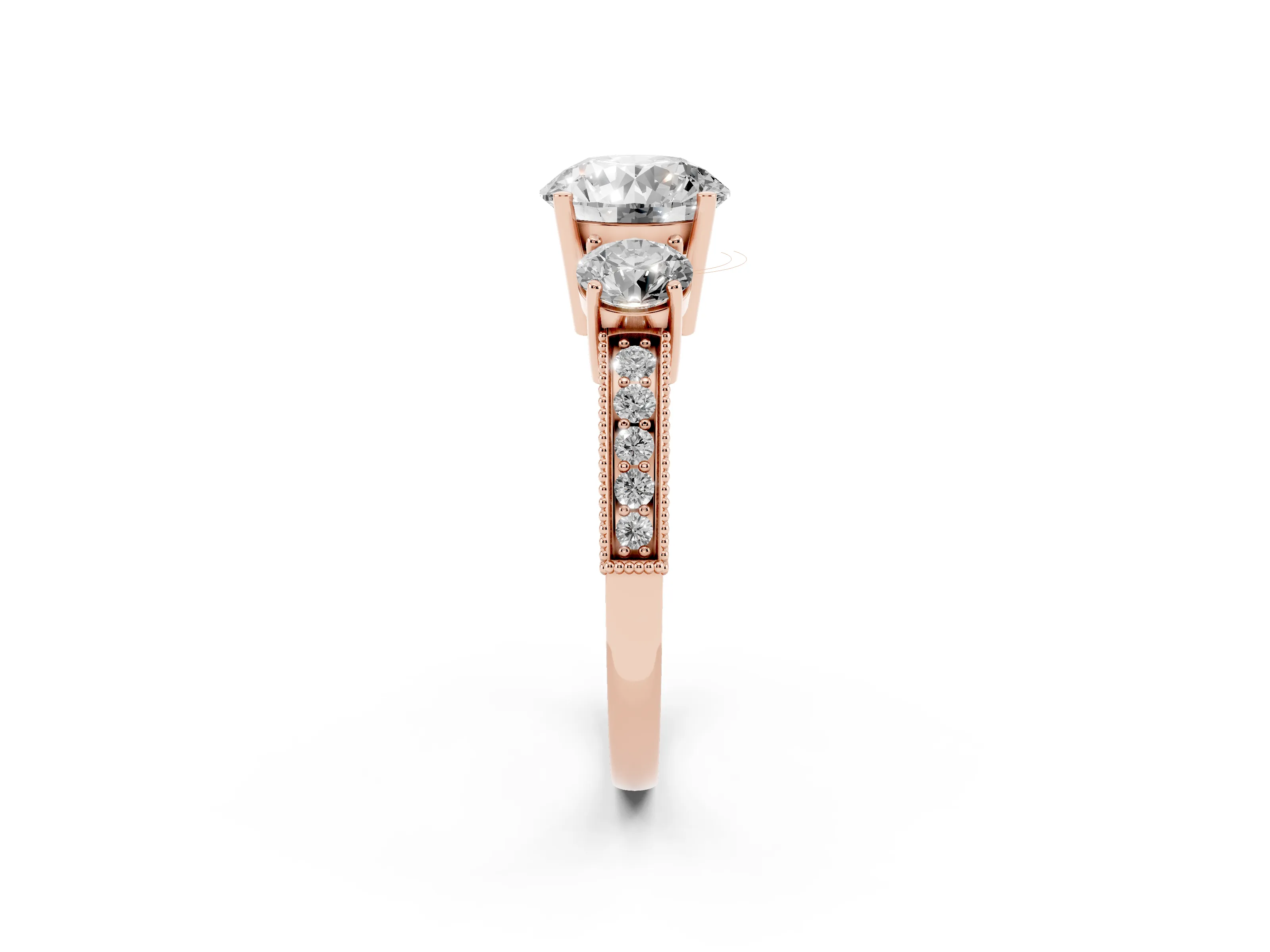 Round Cut Diamond Three-Stone Ring Set in Rose gold with Round Side Stones and Pavé Band