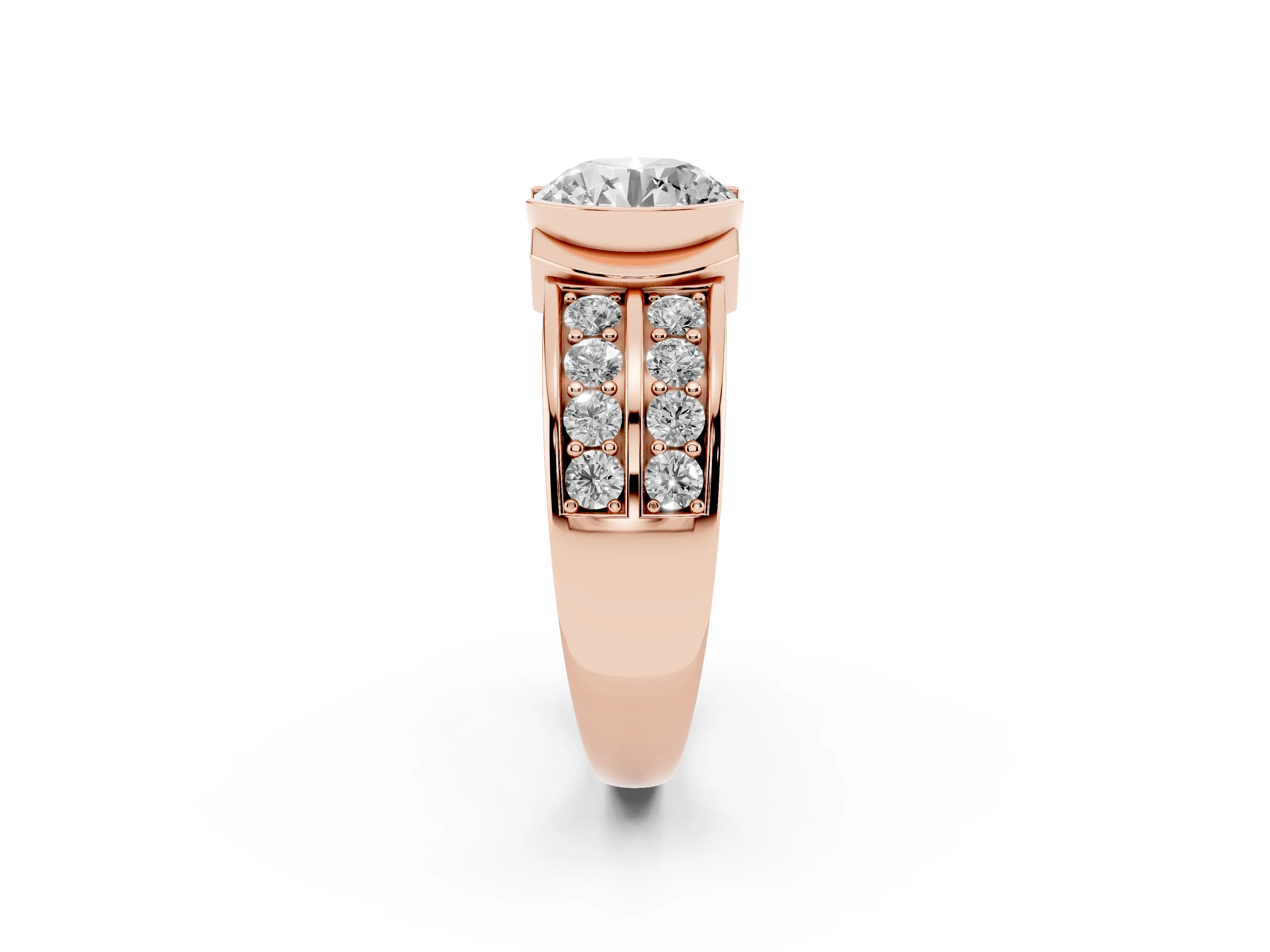 Round Cut Diamond Wide Channel Set Band Ring Set in Rose gold with Bezel Setting