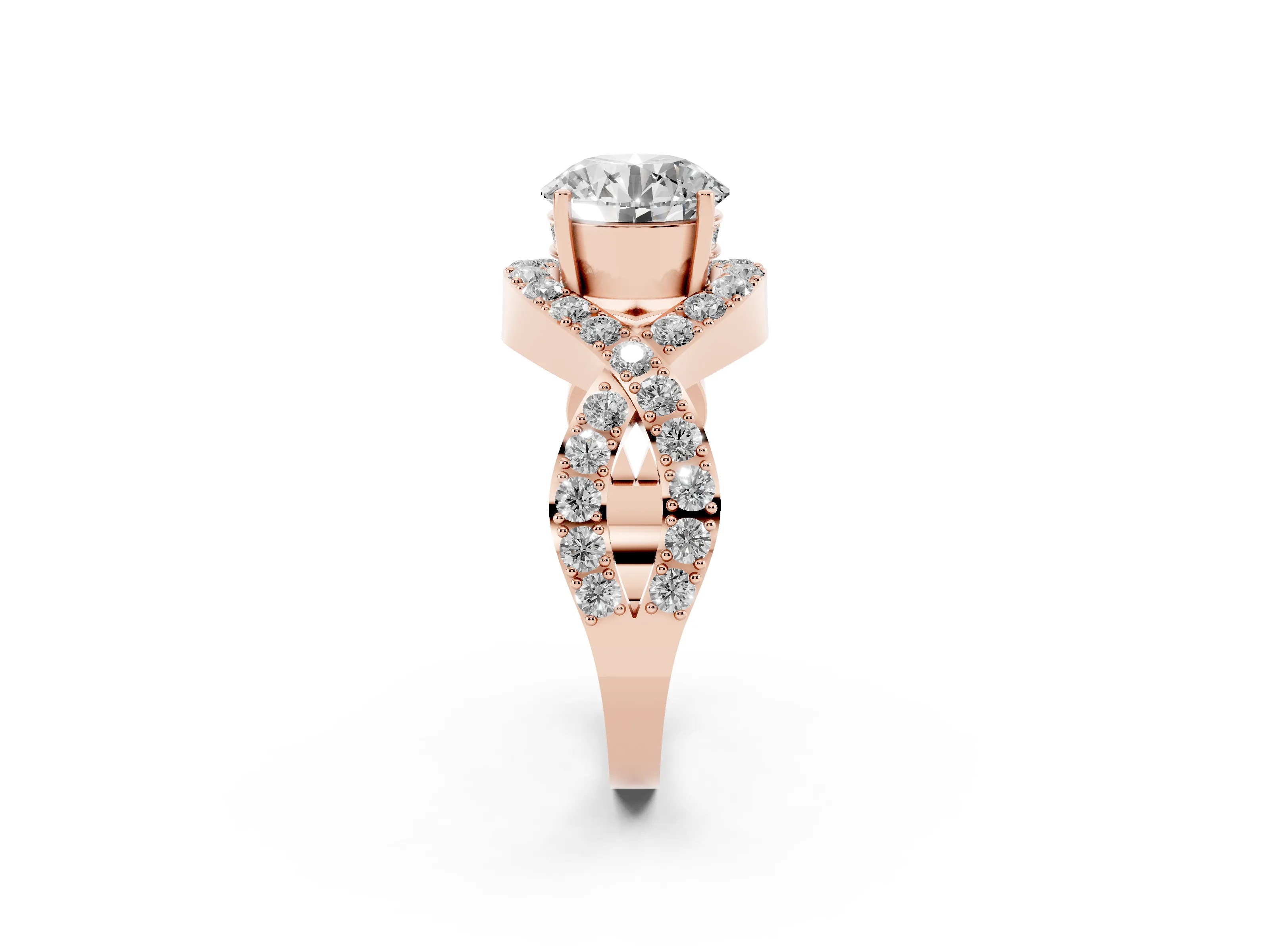 Round Cut Diamond Solitaire Twist Band Pavé Engagement Ring Set in Rose gold