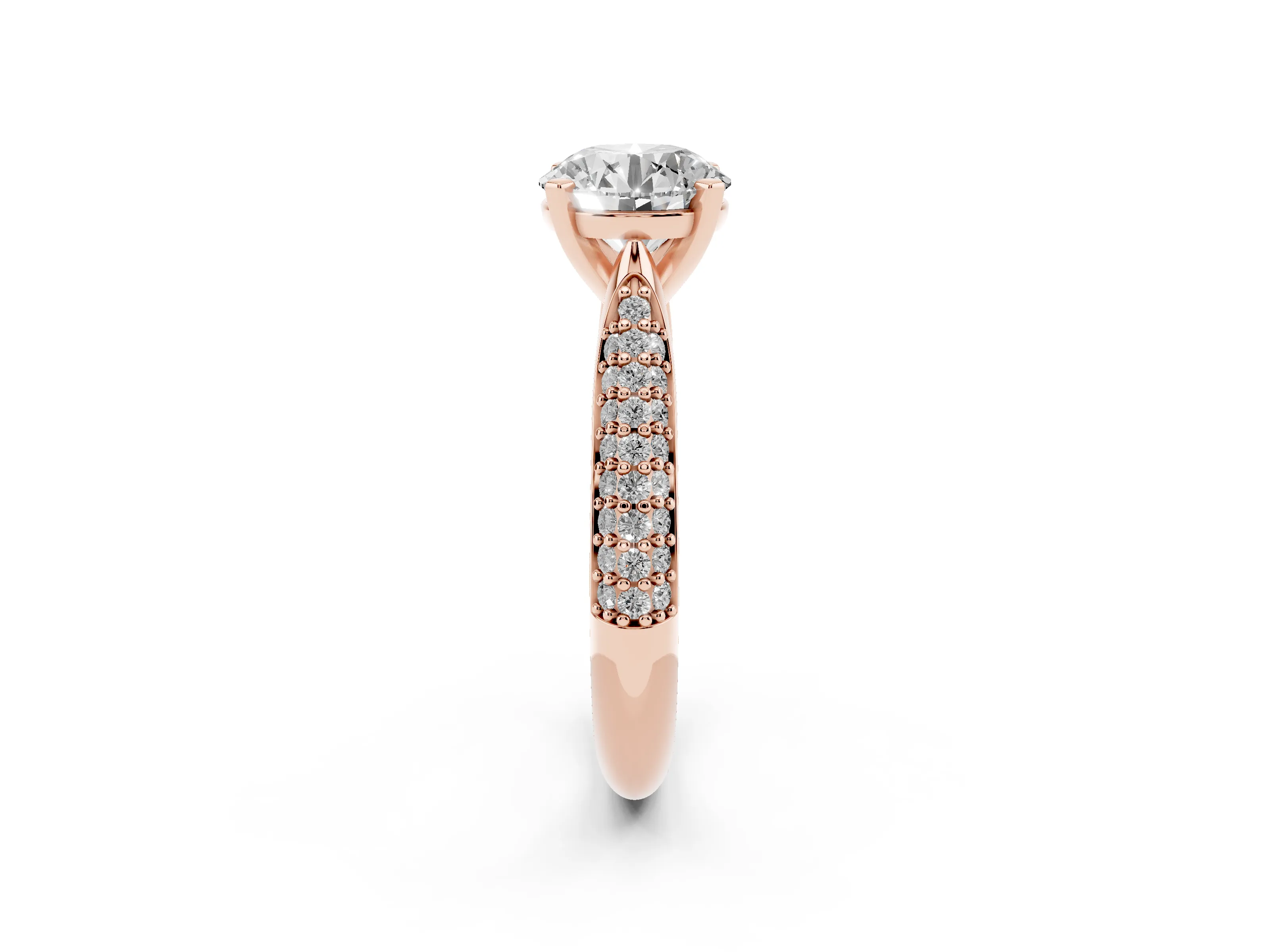Round Cut Diamond Solitaire Engagement Ring Set in Rose gold with Multi-Row Round Pavé Band and Prong Setting