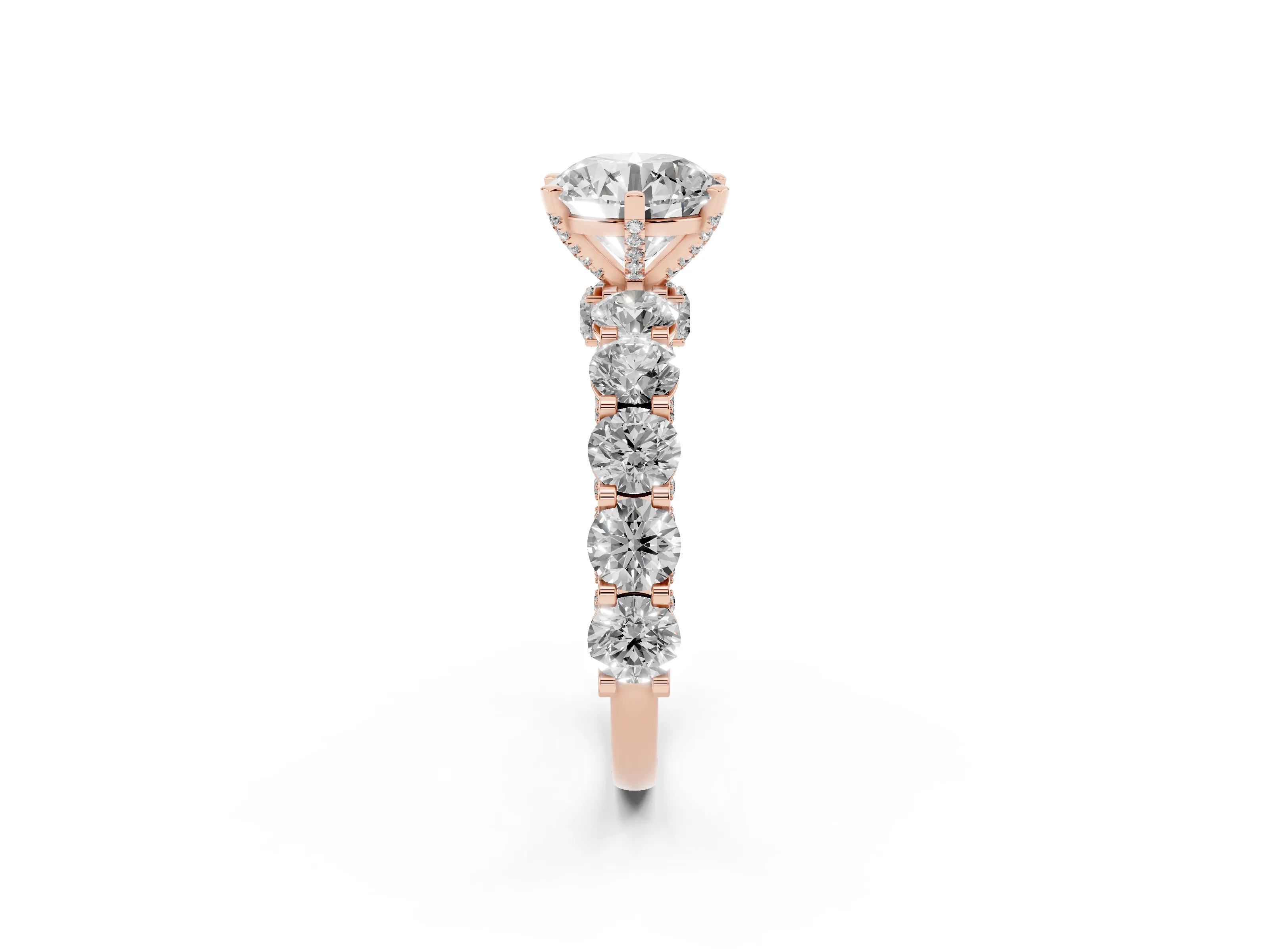 Round Cut Diamond Side Stone Ring Set in Rose gold with Alternating Round and Oval Side Stones