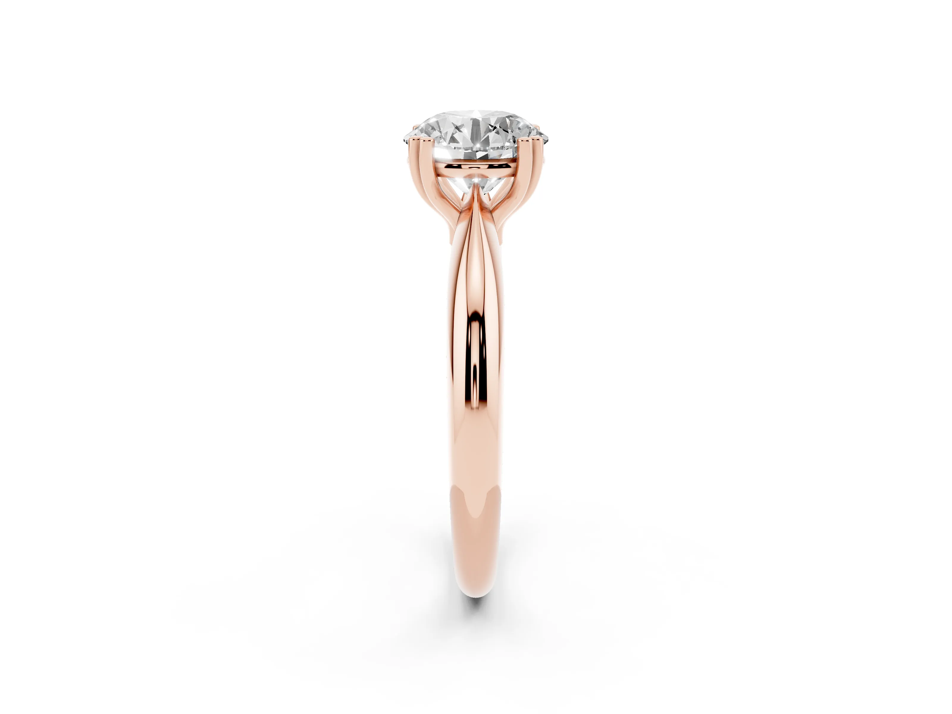Round Cut Diamond Solitaire Engagement Ring Set in Rose gold with Tapered Band and Prong Setting