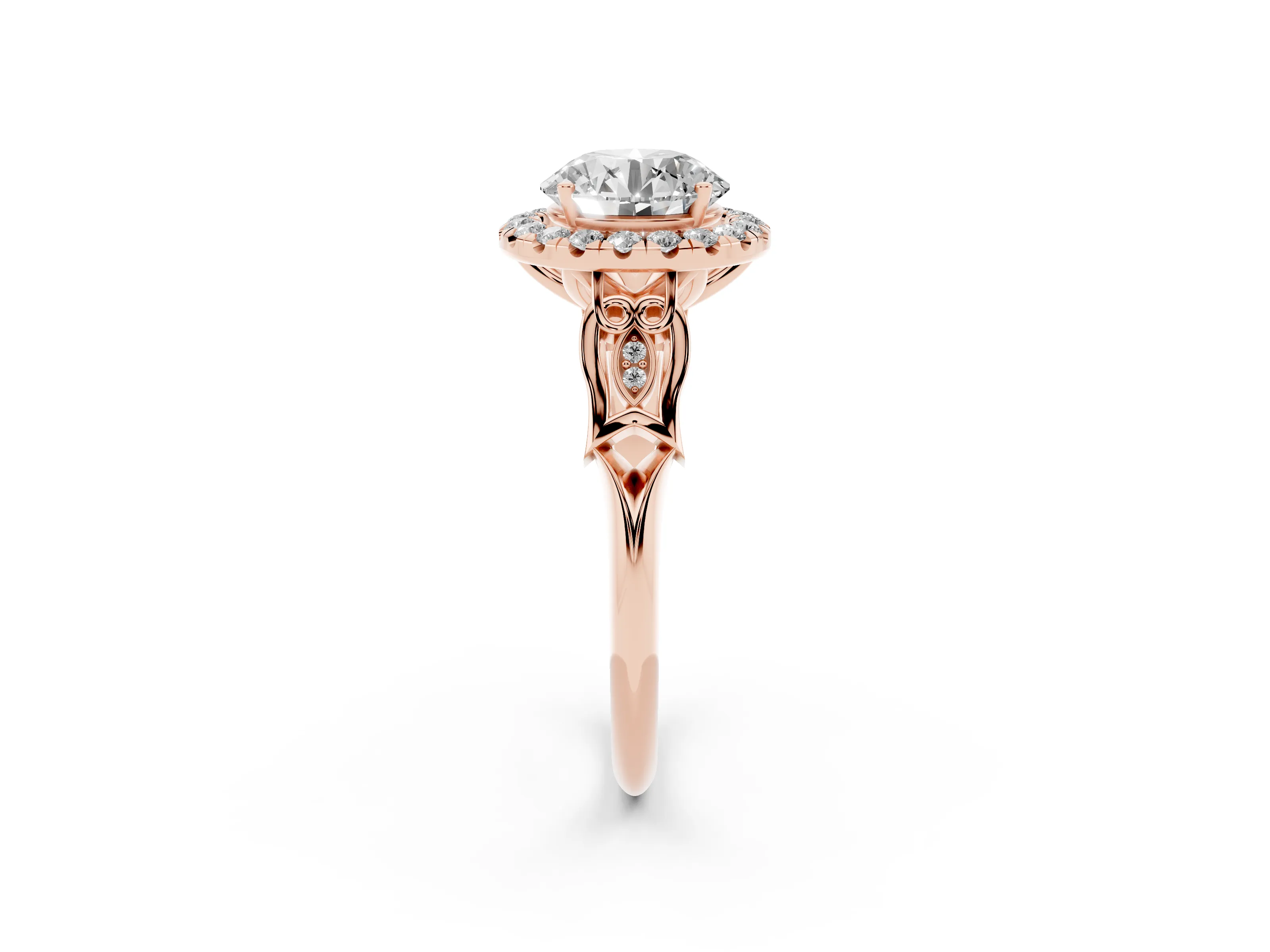 Round Cut Diamond Halo Engagement Ring Set in Rose gold with Filigree Band and Prong-Set Center