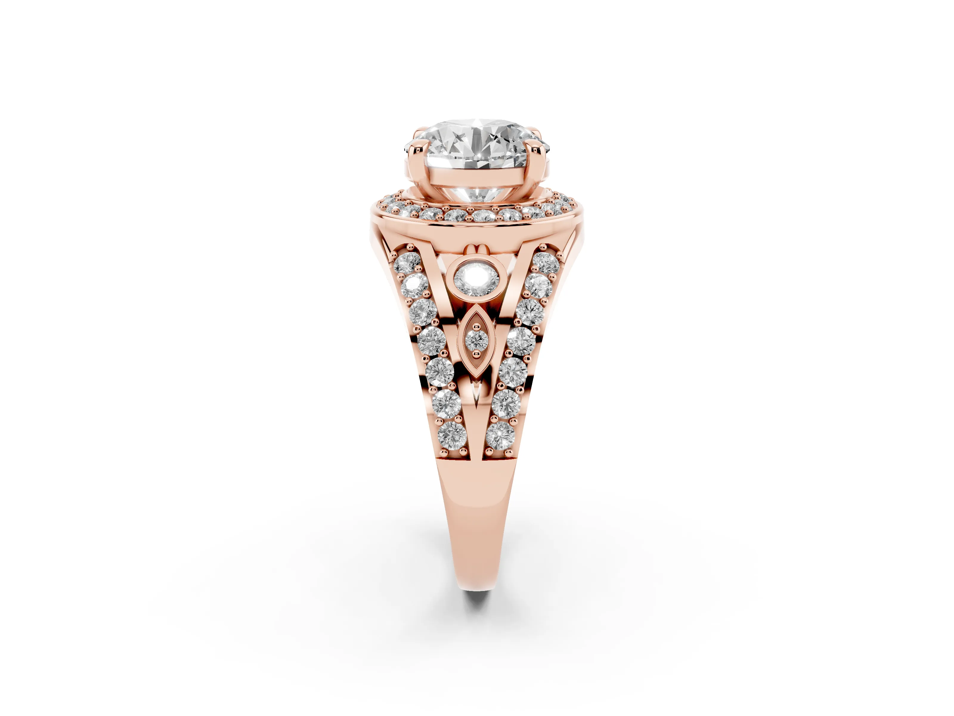 Round Cut Diamond Halo Ring Set in Rose gold with Pavé Split Shank and Bezel Accents