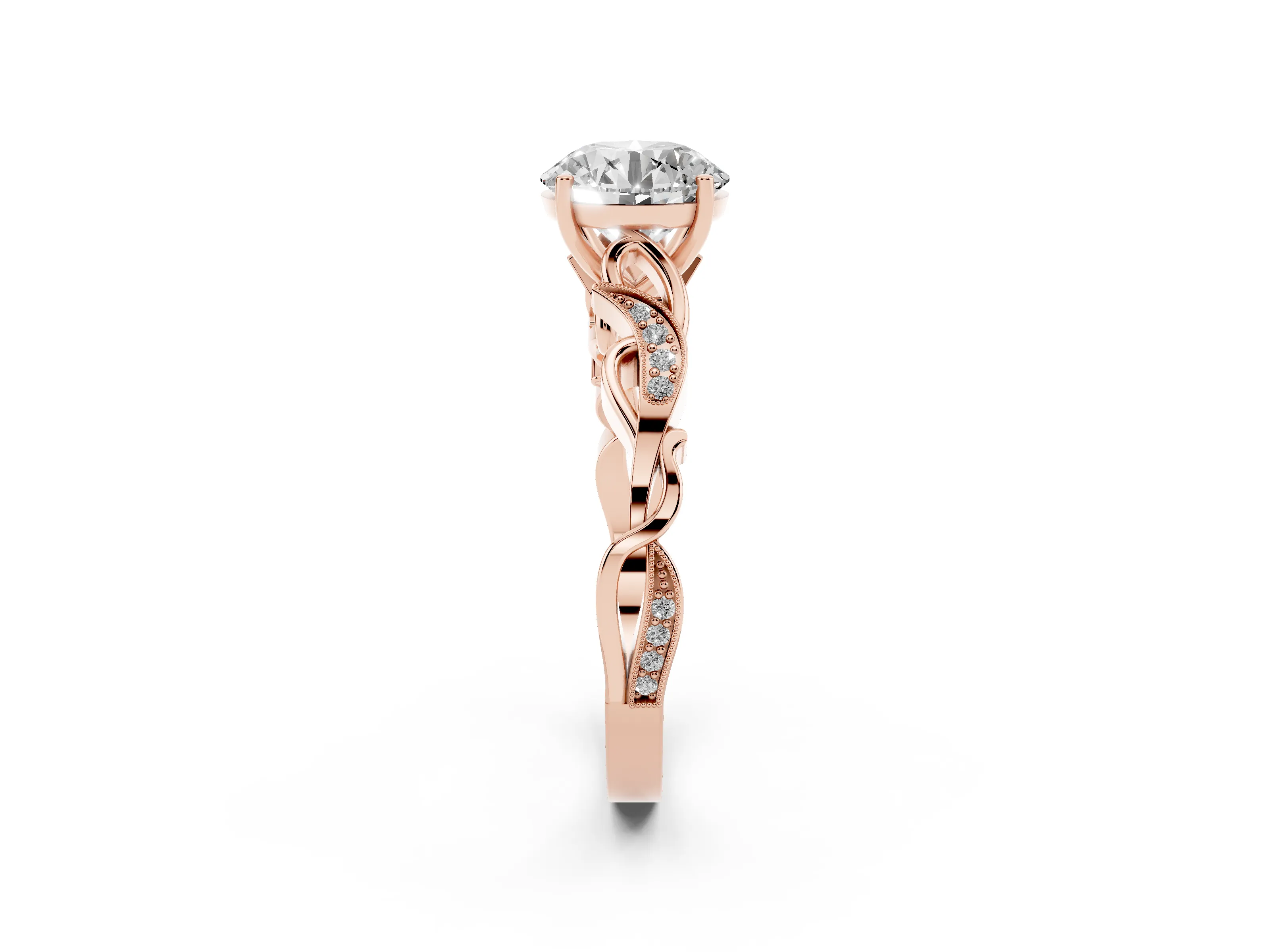 Round Cut Diamond Vine Band Solitaire Ring Set in Rose gold with Milgrain Prong Setting